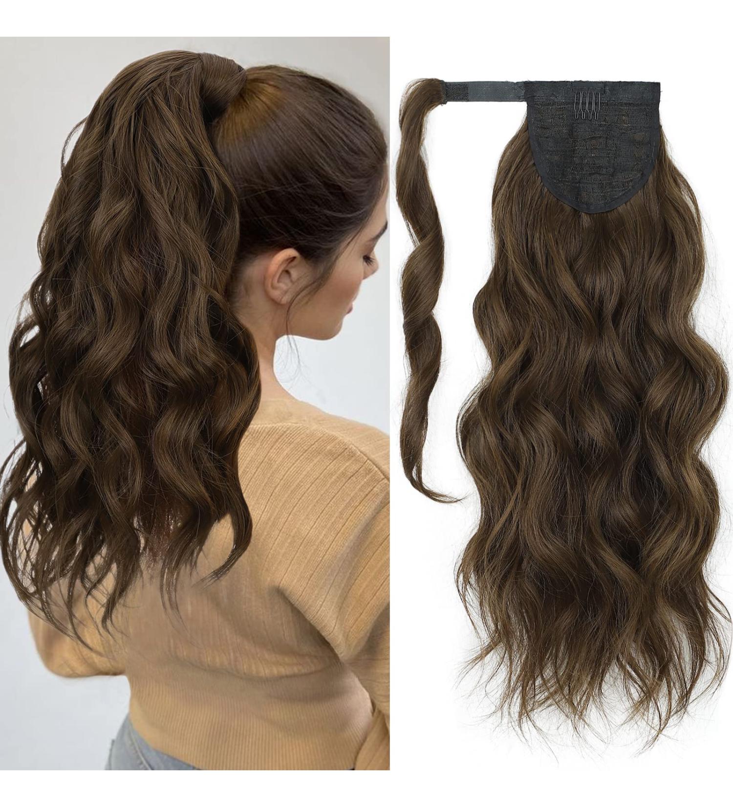 KooKaStyle Long Wavy Wrap Around Ponytail Extension 20 Inch Medium Brown - Synthetic Hair Piece with Bangs for Women - Buy Online on SooperMarket.com