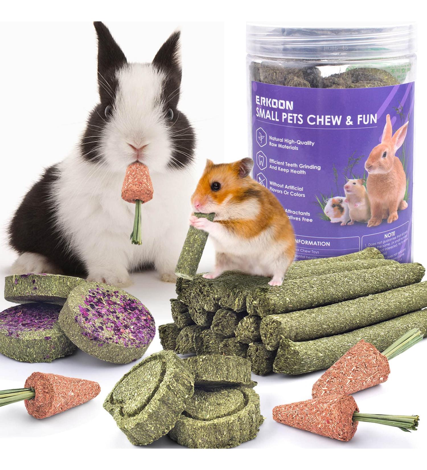 Erkoon 24-Piece Rabbit & Small Pet Toys Set | Dental Care Timothy Hay Sticks Carrots & Rose Grass Cake - Ideal for Rabbits Guinea Pigs Hamsters & Chinchillas - Buy Online on SooperMarket.com
