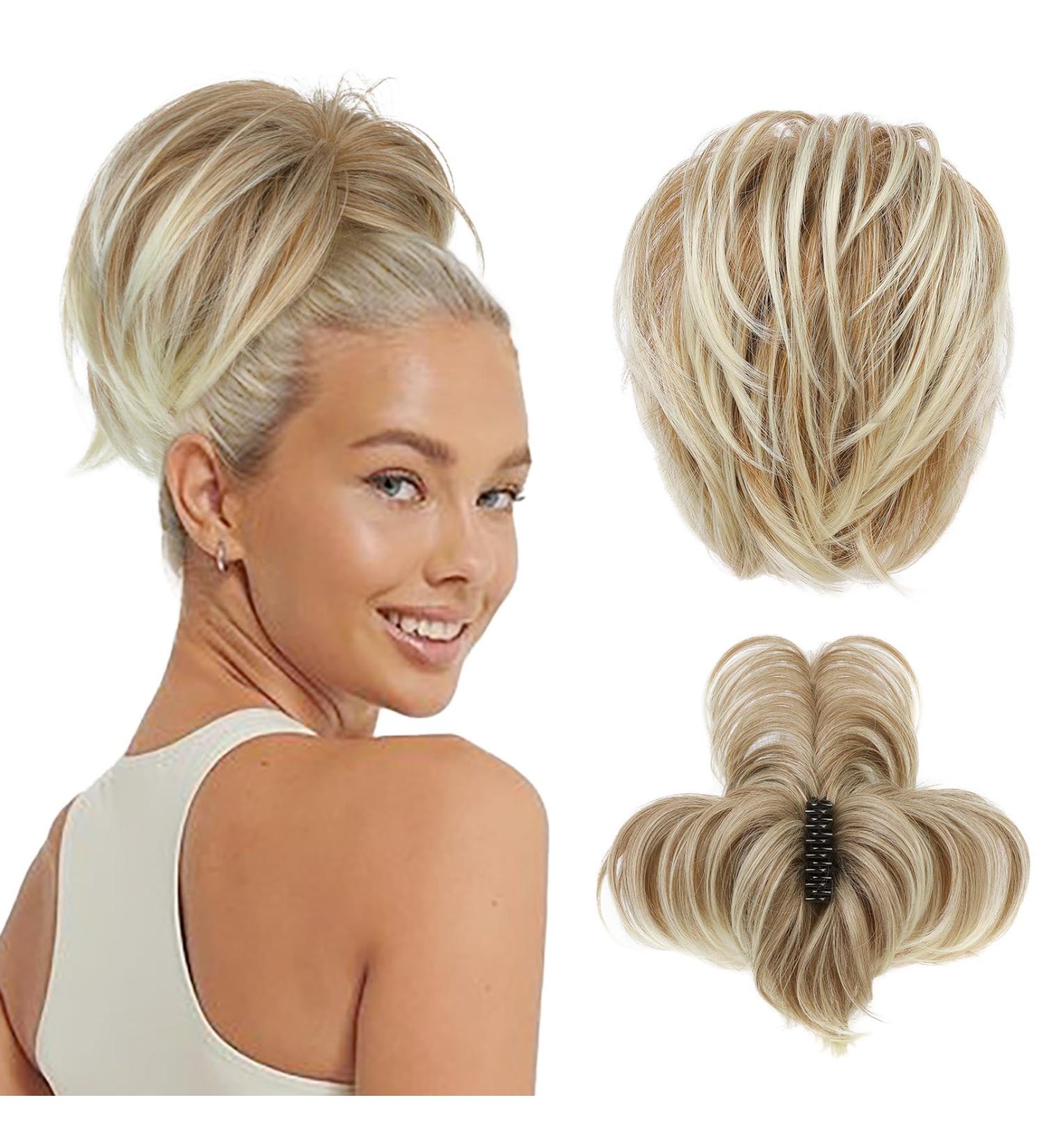 REECHO Hair Bun Claw Clip Messy Bun Hair Piece Short Ponytail Extension with Bendable Metal Wire Fake Bun Hair Pieces for Women - Dark Blonde with Golden Blonde Tail - Buy Online on SooperMarket.com