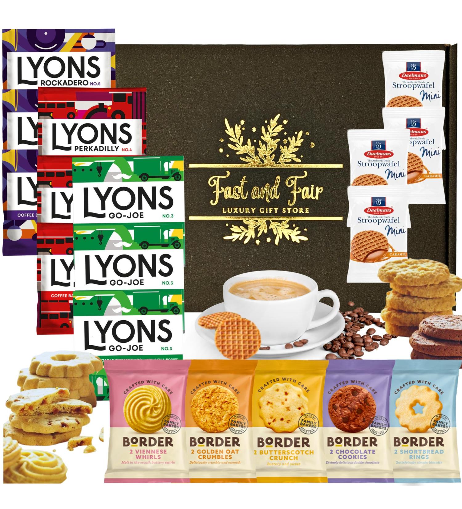 Coffee Gift Set - Variety Selection of Lyons Coffee Bags Bundled with Border Biscuits and Indulgent Caramel Stroopwafels - 18 Items in Gold Embossed Gift Box - Buy Online on SooperMarket.com