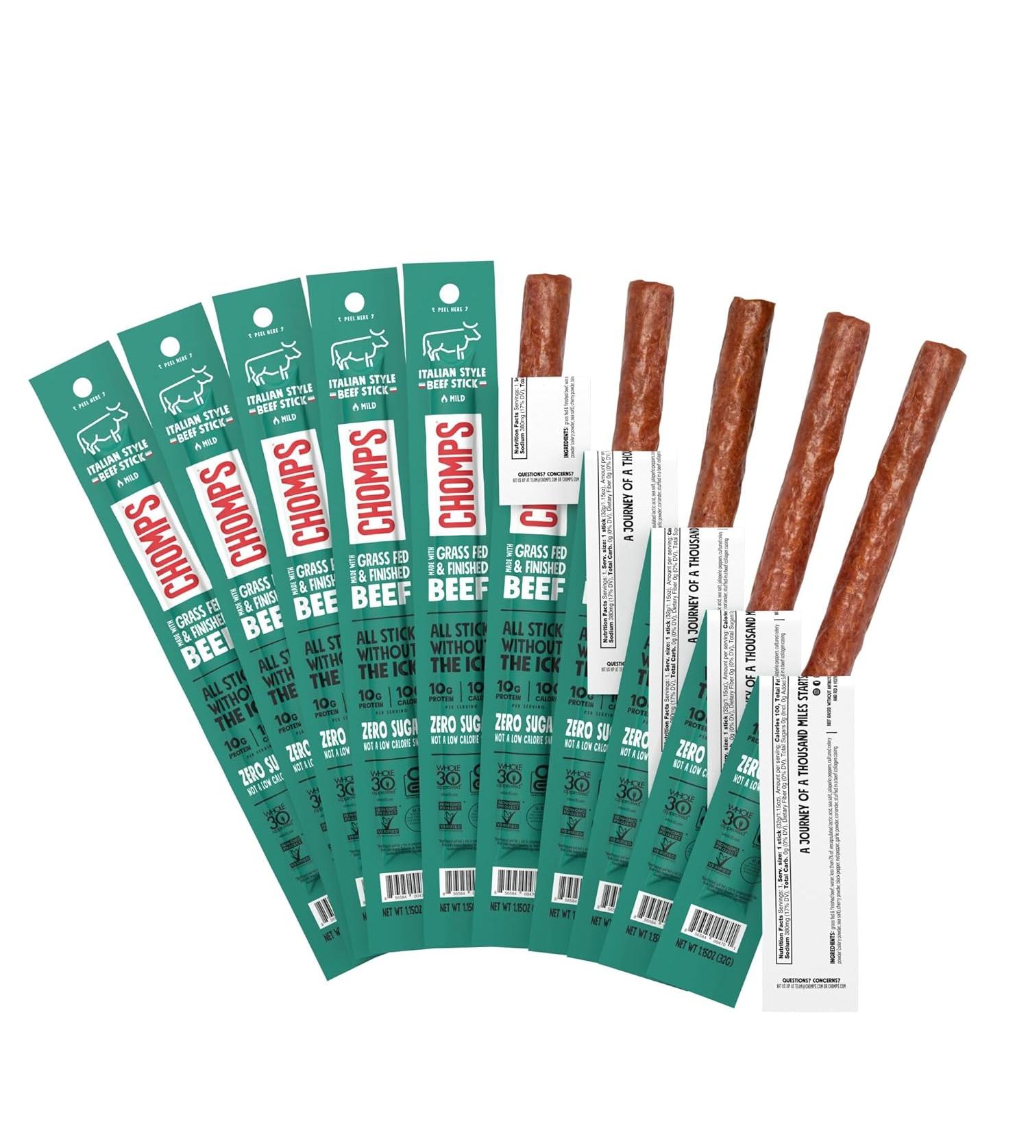 CHOMPS Italian Beef Jerky Sticks - Grass Fed, 1.15 Oz (10 Pack) - Healthy Snack - Buy Online on SooperMarket.com