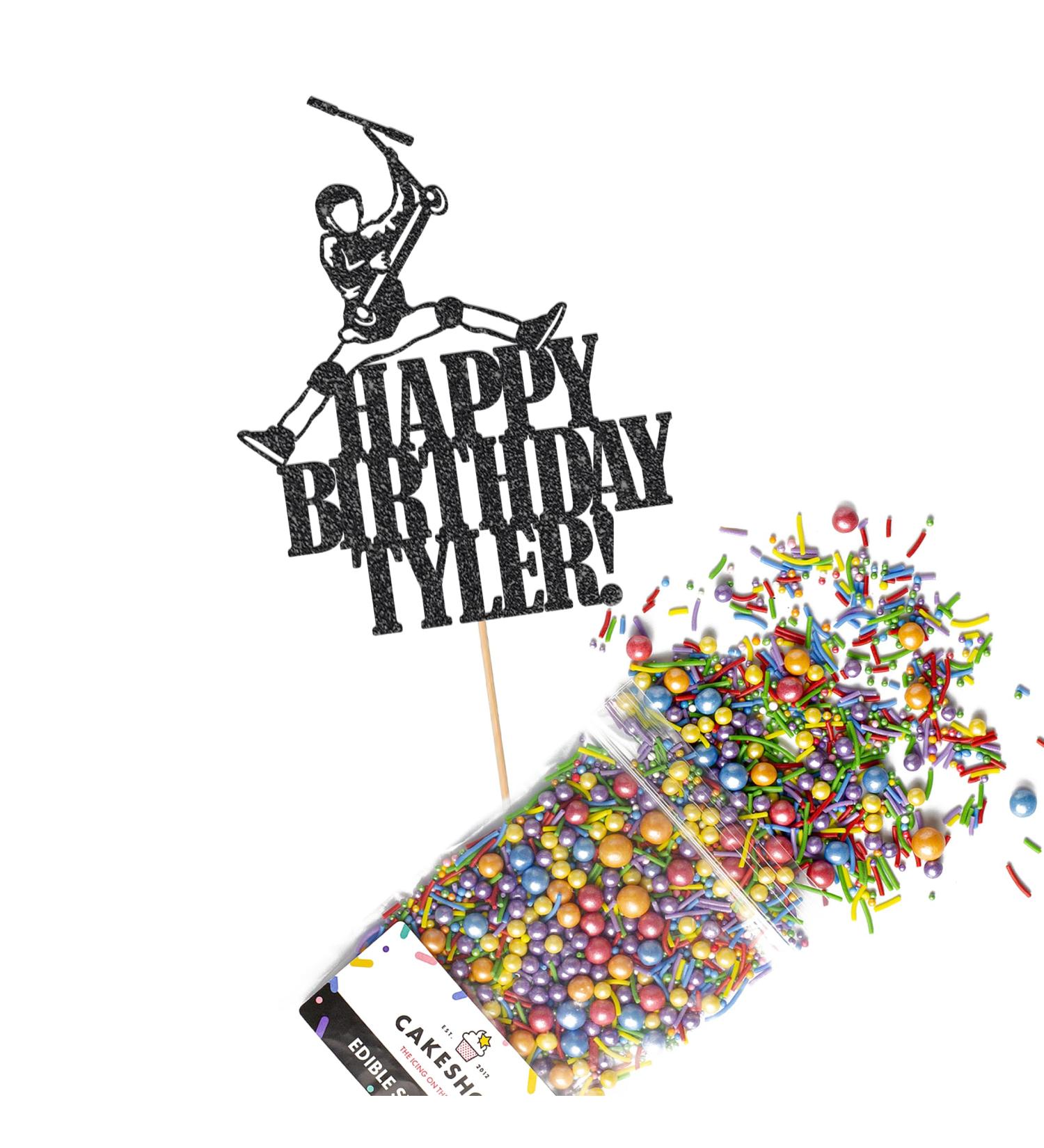 Cakeshop Cake Decoration Pack | Scooter Birthday Theme Premium Double Sided Glitter Card Cake Topper Sign & 25g Party Pack of Cake Sugar Sprinkles | Custom Name Cake Decorations (Black) Prime Glitter Card: Black - Buy Online on SooperMarket.com