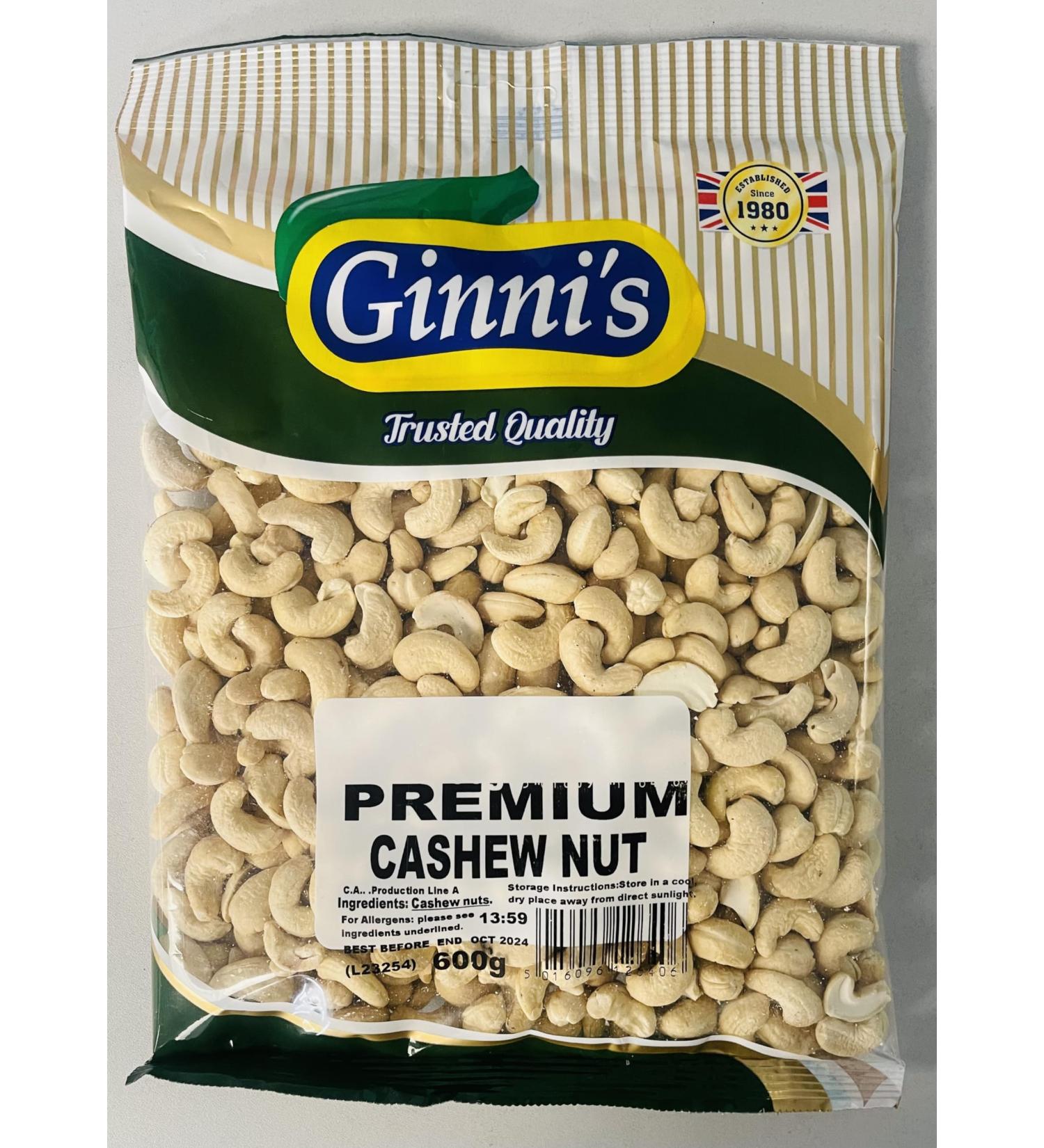 Ginni's Cashew 1.2kg - 100% Raw Whole Cashew Nuts 2x600g - Quality Nut - Source of Protein & Fibre - Non-GMO & Vegan.