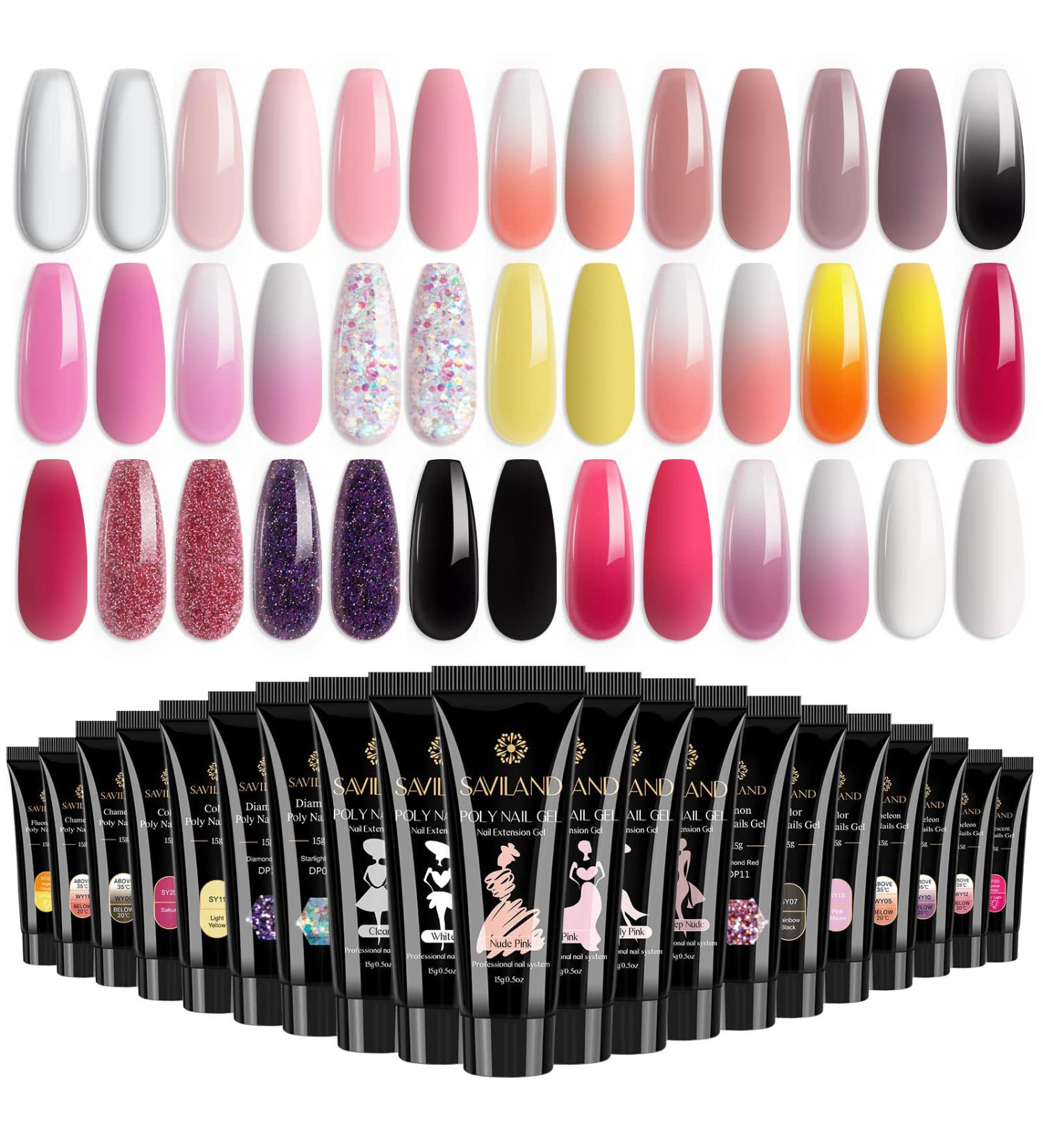 Saviland Poly Gel Nail Set - 20 Colors Builder Extension Gel for French Manicure - Professional Nail Salon Quality - Home DIY Kit - White, Pink, Nudes - Buy Online on SooperMarket.com