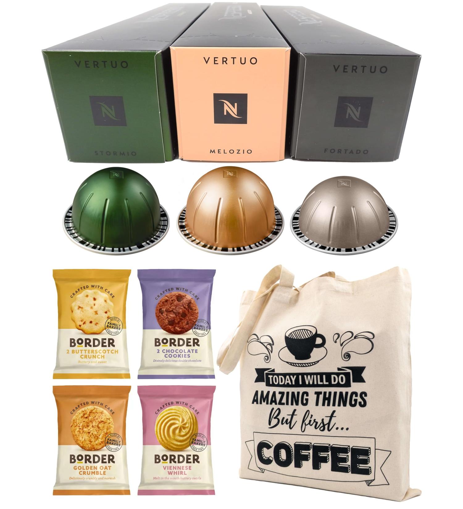Nespresso Vertuo Coffee Capsules - Stormio Fortado Melozio - 3 Boxes (30 Pods) Bundled with Border Biscuits & Giftable Tote Bag - Buy Online on SooperMarket.com