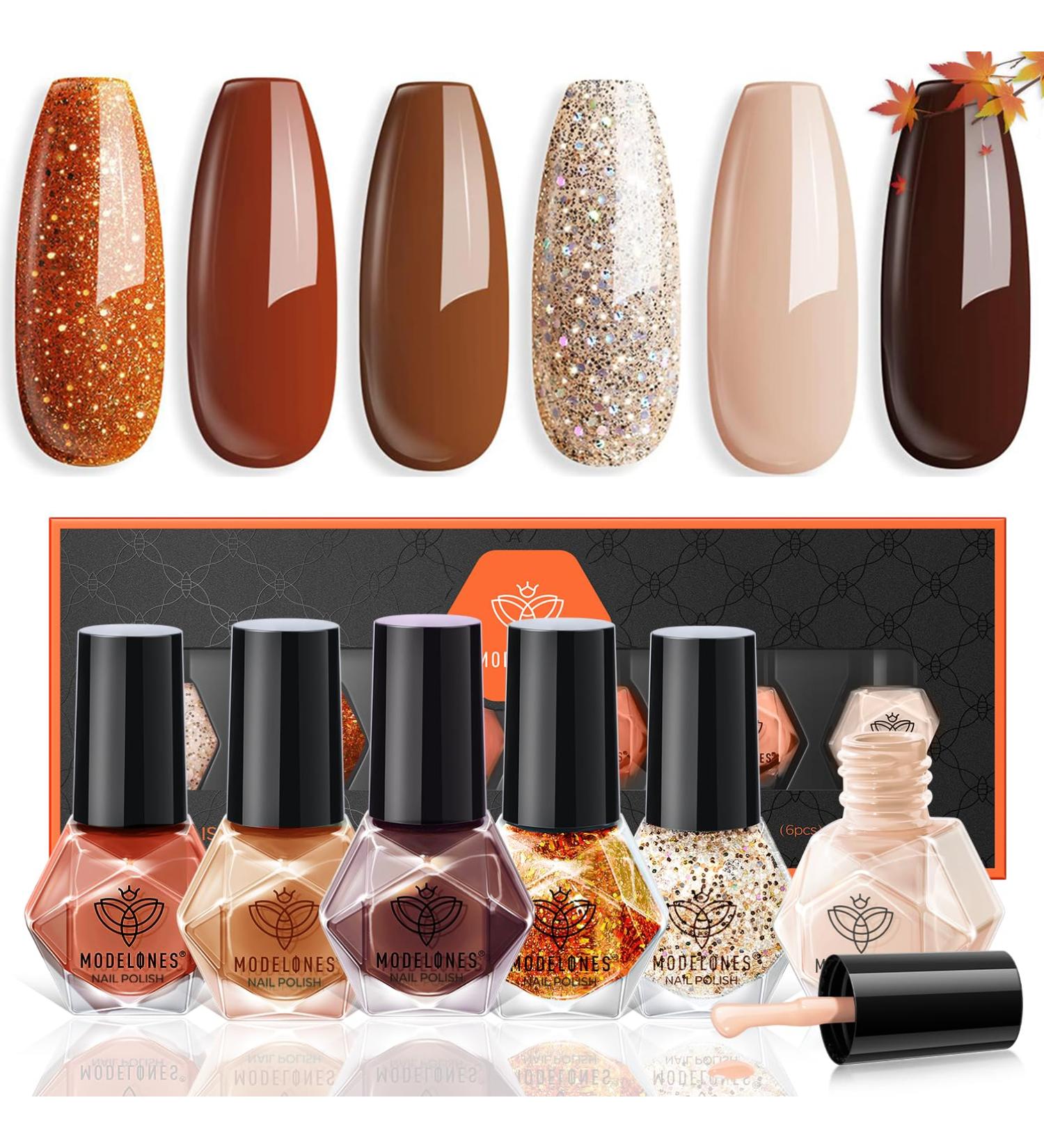 modelones Nail Polish Set Fall Winter 6 Colors Nail Polish Kit Gold Glitter Brown Quick Dry Nail Polish Manicure DIY Nail Art Salon Home Gift For Women - Buy Online on SooperMarket.com
