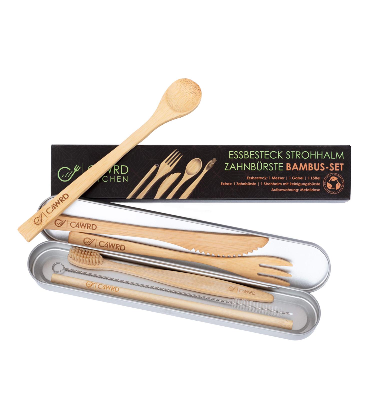 C4wrd Reusable 6-Piece Bamboo Cutlery Set in Metal Tin | Eco-Friendly Travel Utensils for On-the-Go Dining - Buy Online on SooperMarket.com