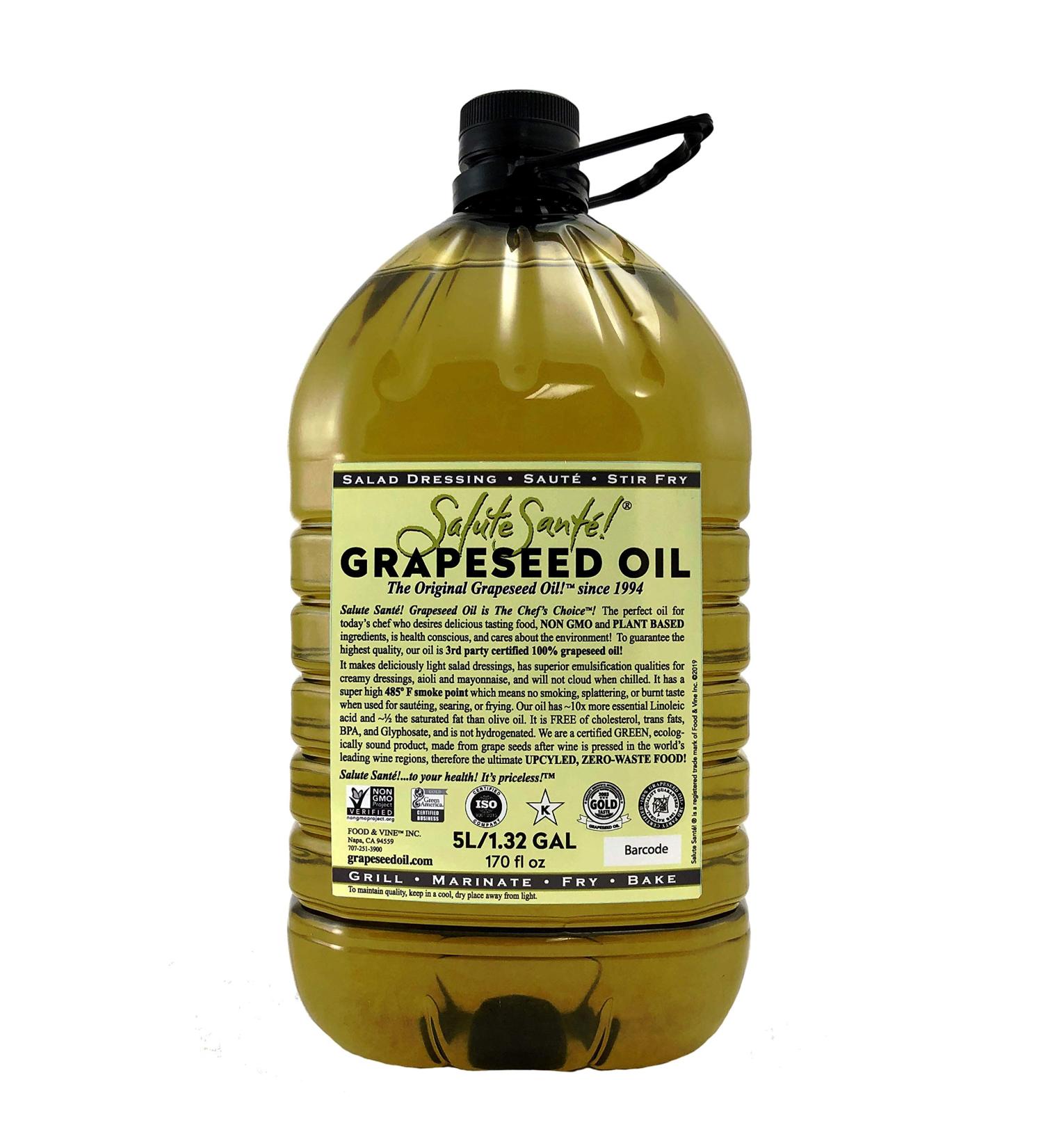 Salute Sante! Cold Pressed Grapeseed Oil - High Temperature Cooking & Healthy Salad Dressing Oil - Non-GMO, Kosher, Vegan - 5L/170oz - Buy Online on SooperMarket.com