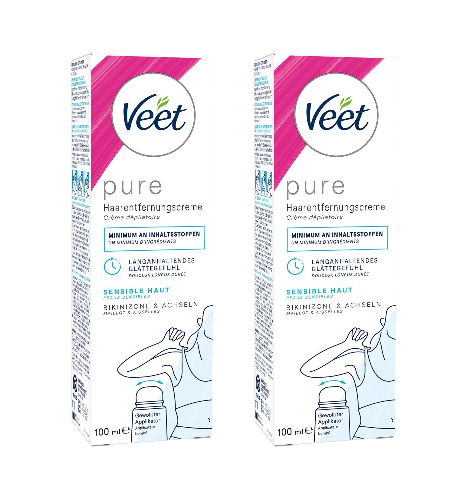 Veet Pure Hair Removal Cream for Bikini & Armpits - Sensitive Skin - 2 Pack (200 ml) with Curved Applicator & Spatula - International Shipping Available - Buy Online on SooperMarket.com