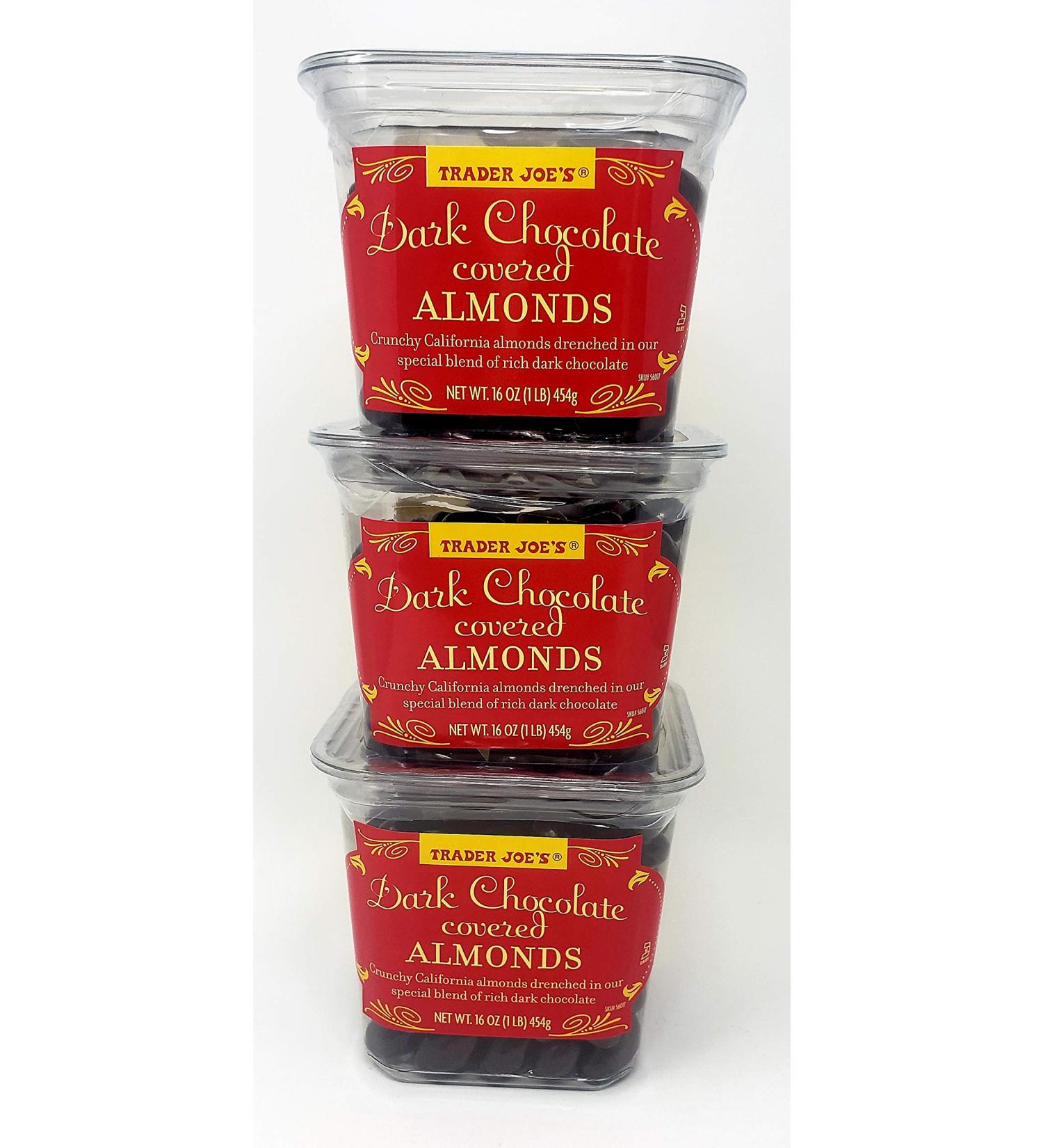 Trader Joe's Dark Chocolate Covered Almonds - 3 Pack, 16 oz Tub - 48 oz Total - Buy Online on SooperMarket.com