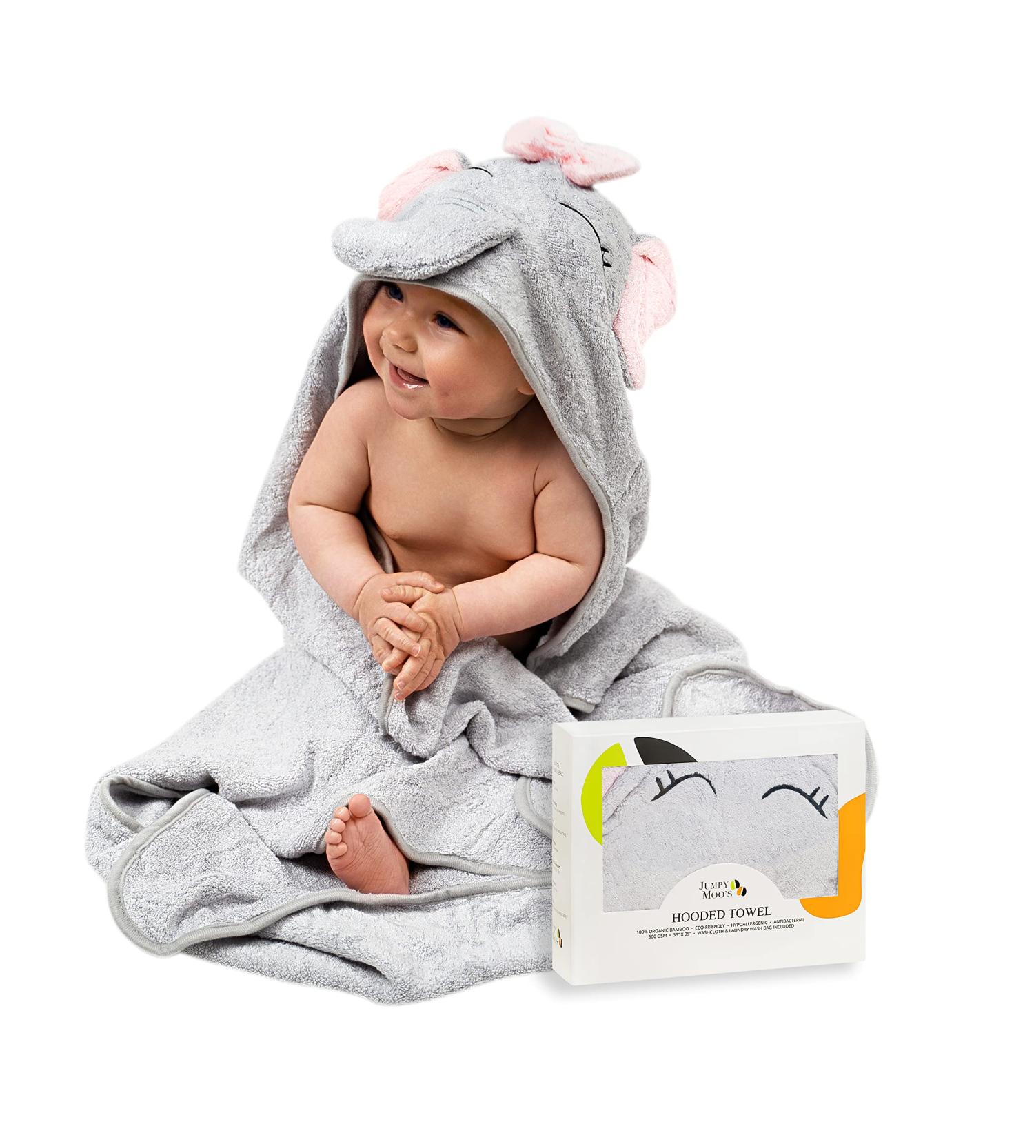 JM Organic Bamboo Hooded Baby Towel - Hypoallergenic, Absorbent - 35x35 - Perfect Baby Gift Set with Washcloth & Laundry Bag - Pink Elephant - Buy Online on SooperMarket.com