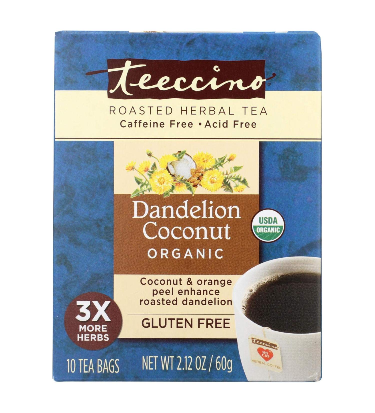 Teeccino Organic Roasted Herbal Tea Dandelion Coconut Caffeine Free 10 Tea Bags 2.12 oz (60 g)