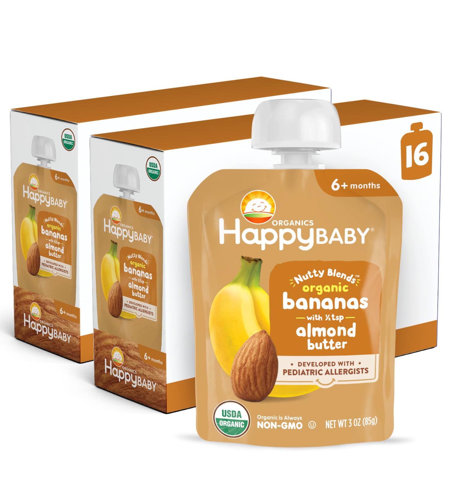 Happy Baby Organics Nutty Blends Banana & Almond Butter 3oz Pouch (Pack of 16) - Organic Baby Food - Buy Online on SooperMarket.com