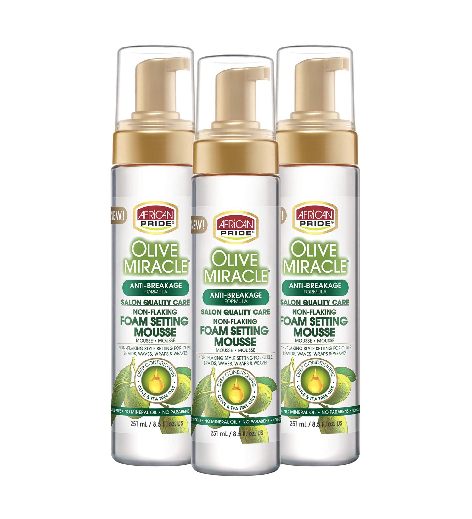 African Pride Olive Miracle Non-Flaking Foam Setting Hair Mousse (3 Pack) Long-Lasting Frizz & Shine Control for Curls Braids Weaves Wigs Waves & Wraps 8.5 oz - Buy Online on SooperMarket.com