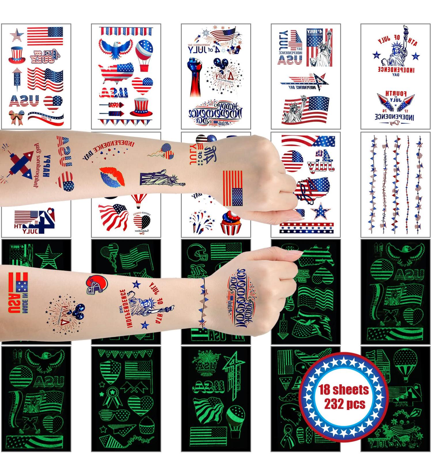 60 Sheets 4th of July Glow in the Dark Patriotic Temporary Tattoos with American Flag Design - Buy Online on SooperMarket.com