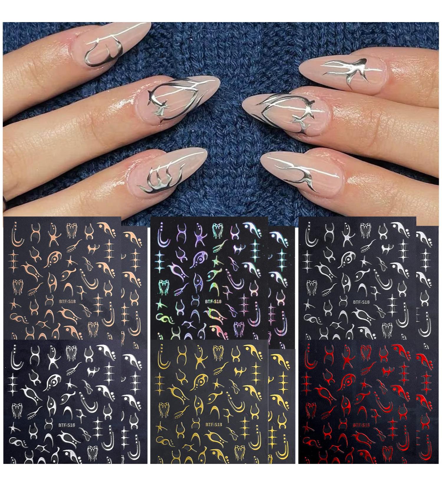 Gorvalin Y2K Nail Art Sticker Decals - 12 Sheets Metallic Cyber Punk Design for DIY Nail Decoration | Self-Adhesive Nail Charms for Women & Girls - Buy Online on SooperMarket.com