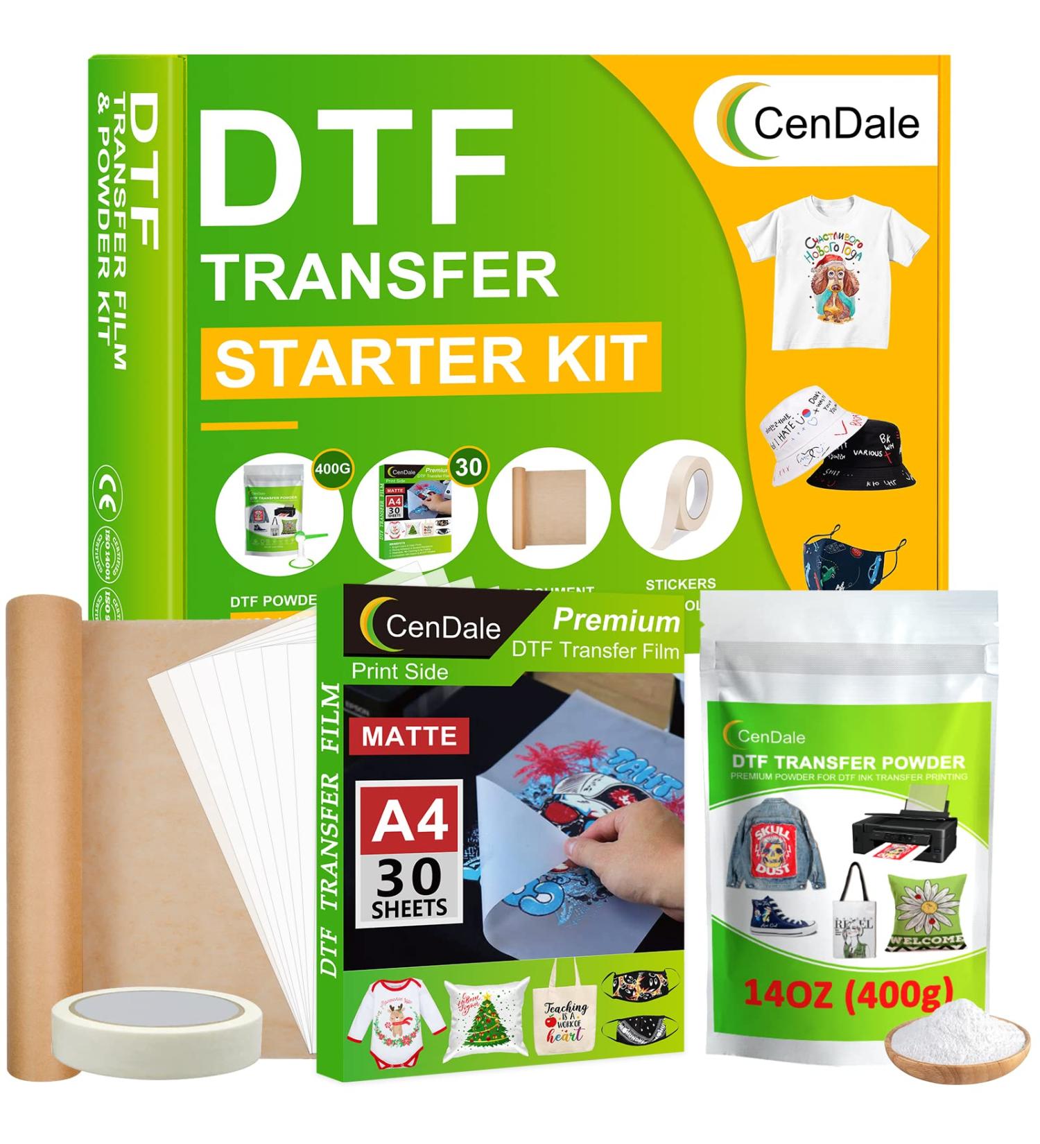 CenDale DTF Transfer Film and Powder Kit - 30 Sheets A4 DTF Film + 14oz White DTF Powder | Direct-to-Film Transfer for Any Fabric | DTF Starter Kit for DTF & Sublimation Printer - Buy Online on SooperMarket.com