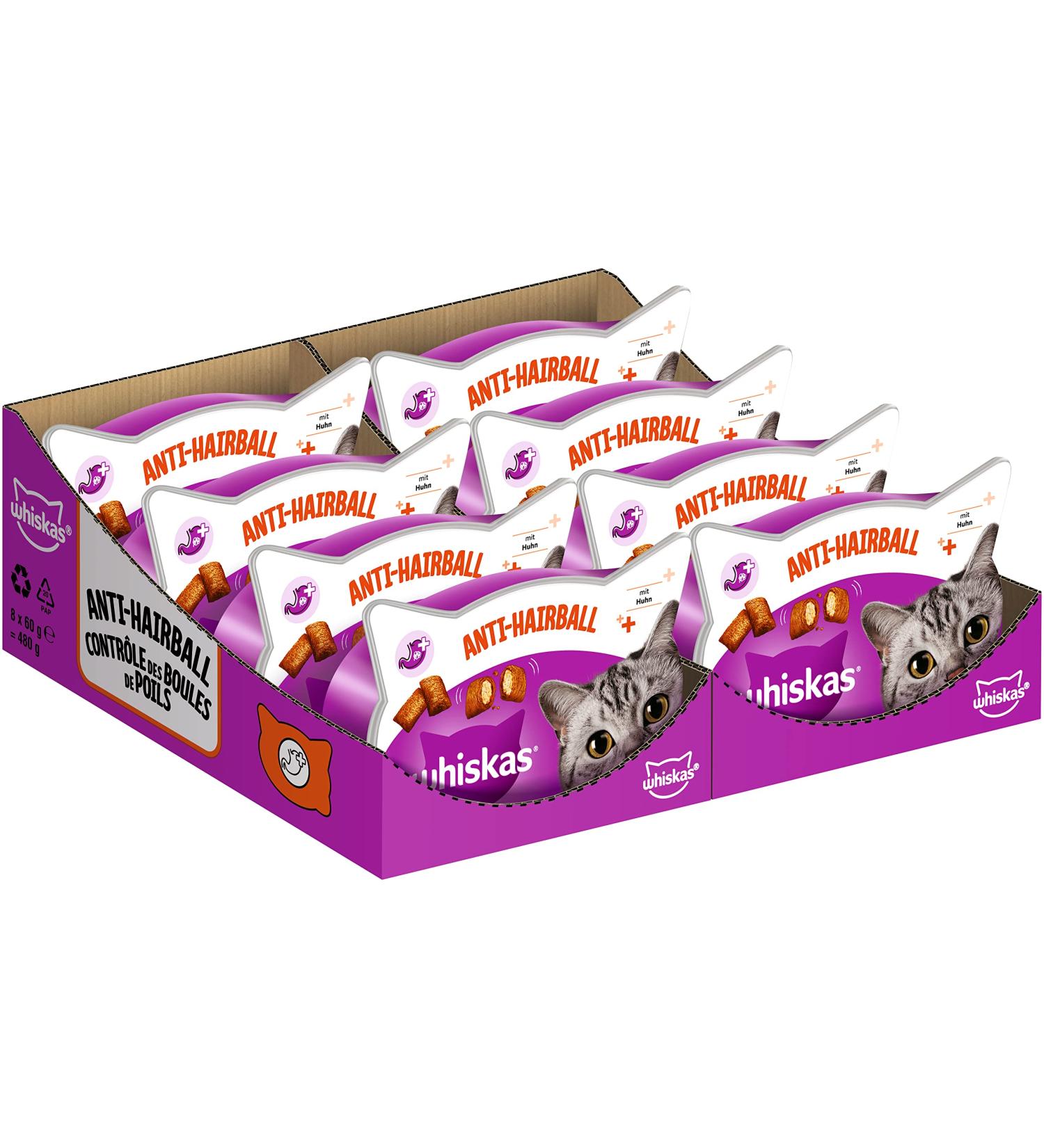 Whiskas Anti-Hairball Cat Snack - 8x60g - Prevent Hairballs with Delicious Treats | International Shipping Available - Buy Online on SooperMarket.com