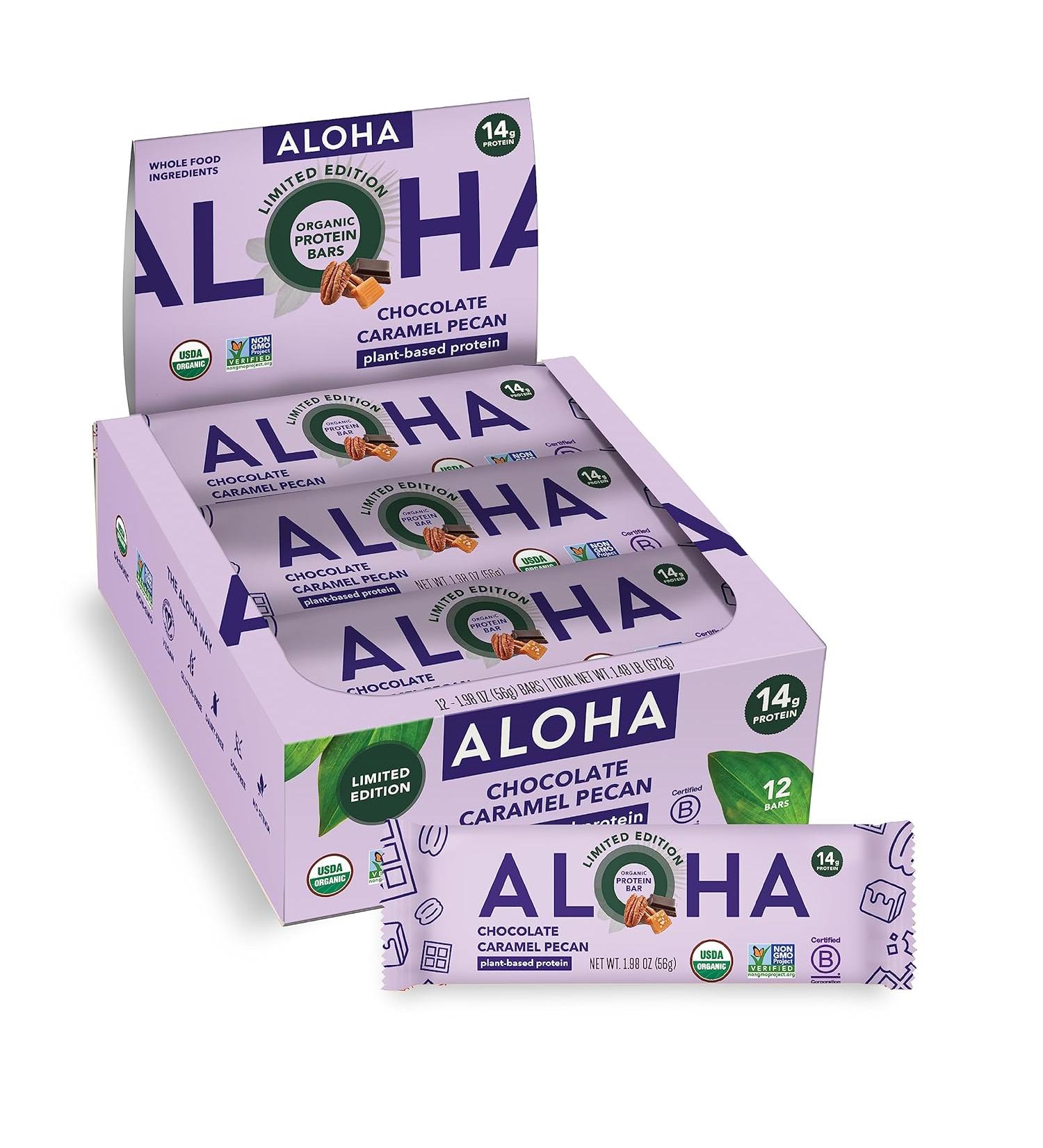 ALOHA Organic Plant Based Protein Bars | Chocolate Caramel Pecan | 12 Count  1.98oz Bars | Vegan  Low Sugar  Gluten Free  Paleo Friendly  Low Carb  Non-GMO  Stevia Free  Soy Free  No Sugar Alcohol Sweeteners - Buy Online on SooperMarket.com