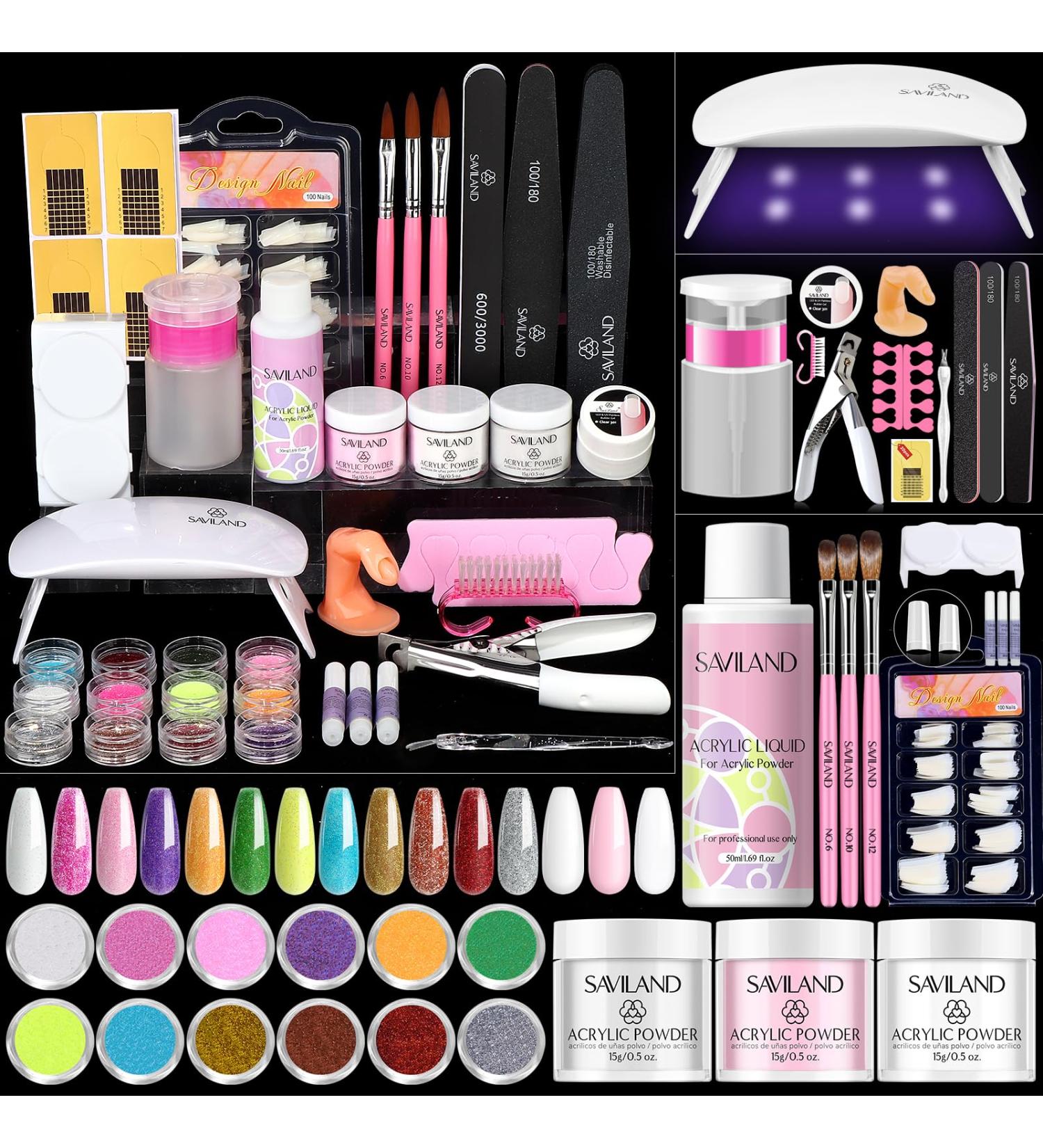 Saviland Acrylic Nail Kit for Beginners - Complete Set with Keratin Powder EMA Monomer Nail Lamp & 100 Tips for Home Practice - Buy Online on SooperMarket.com