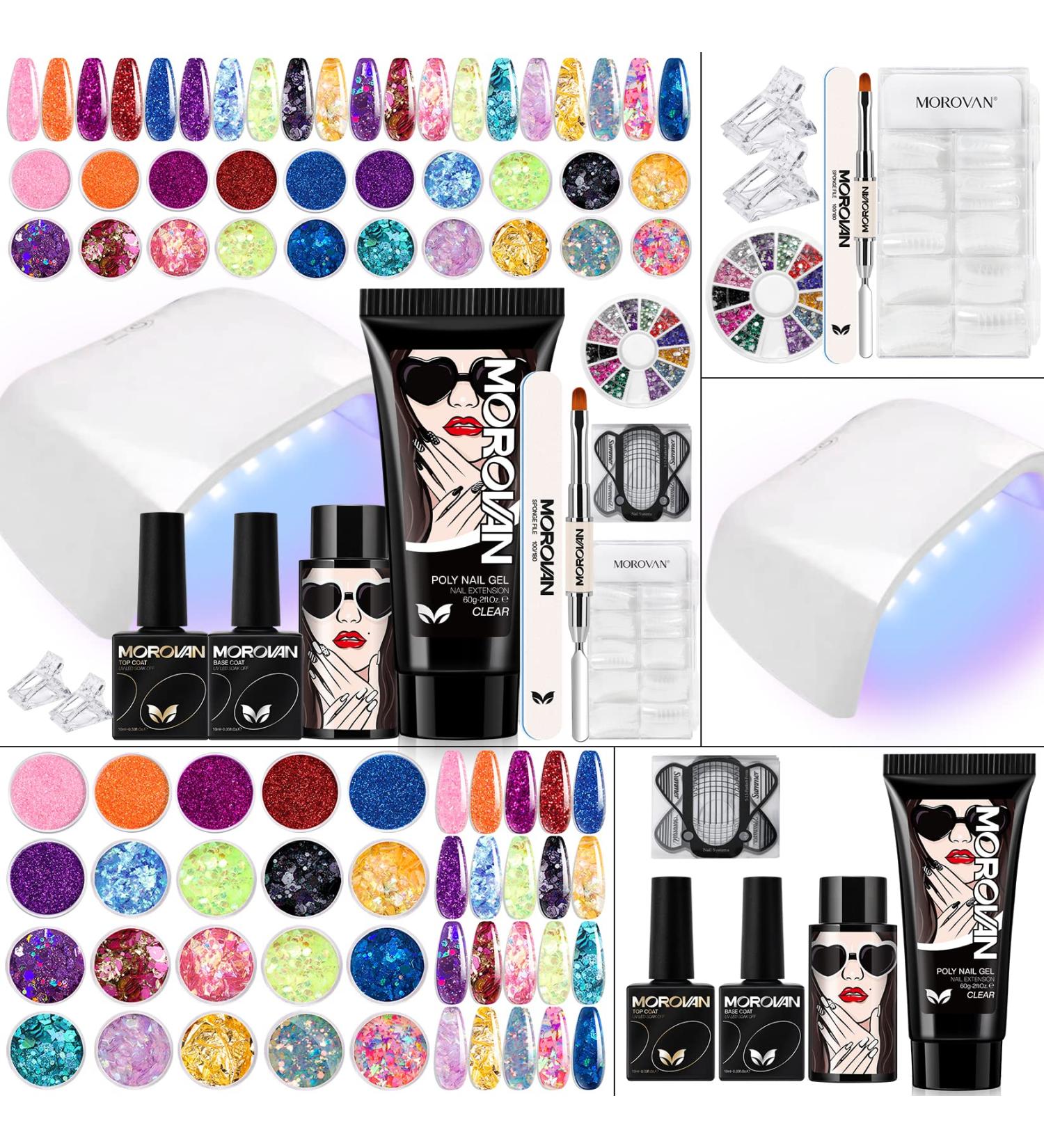 Morovan Poly Gel Nail Kit with UV Lamp - Clear Poly Nail Gel Kit with Glitter | 20 Nail Art Tools Included - Buy Online on SooperMarket.com