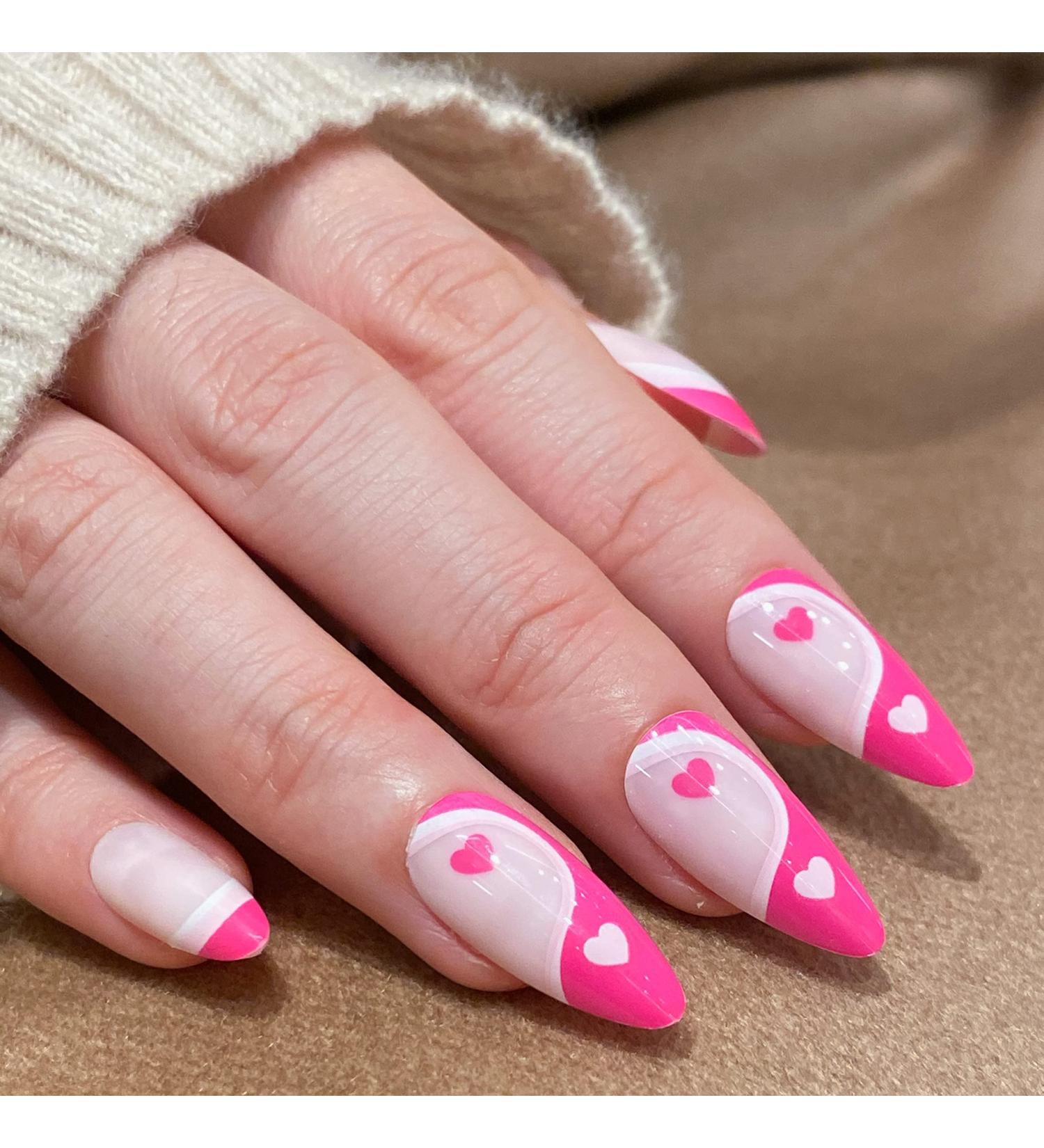 NOVO OVO Medium Long Oval Stiletto Pale Hot Pink French Tip Yinyang Heart False Press on Nails - LOVE CYCLE Glossy Acrylic Kit - Buy Online on SooperMarket.com