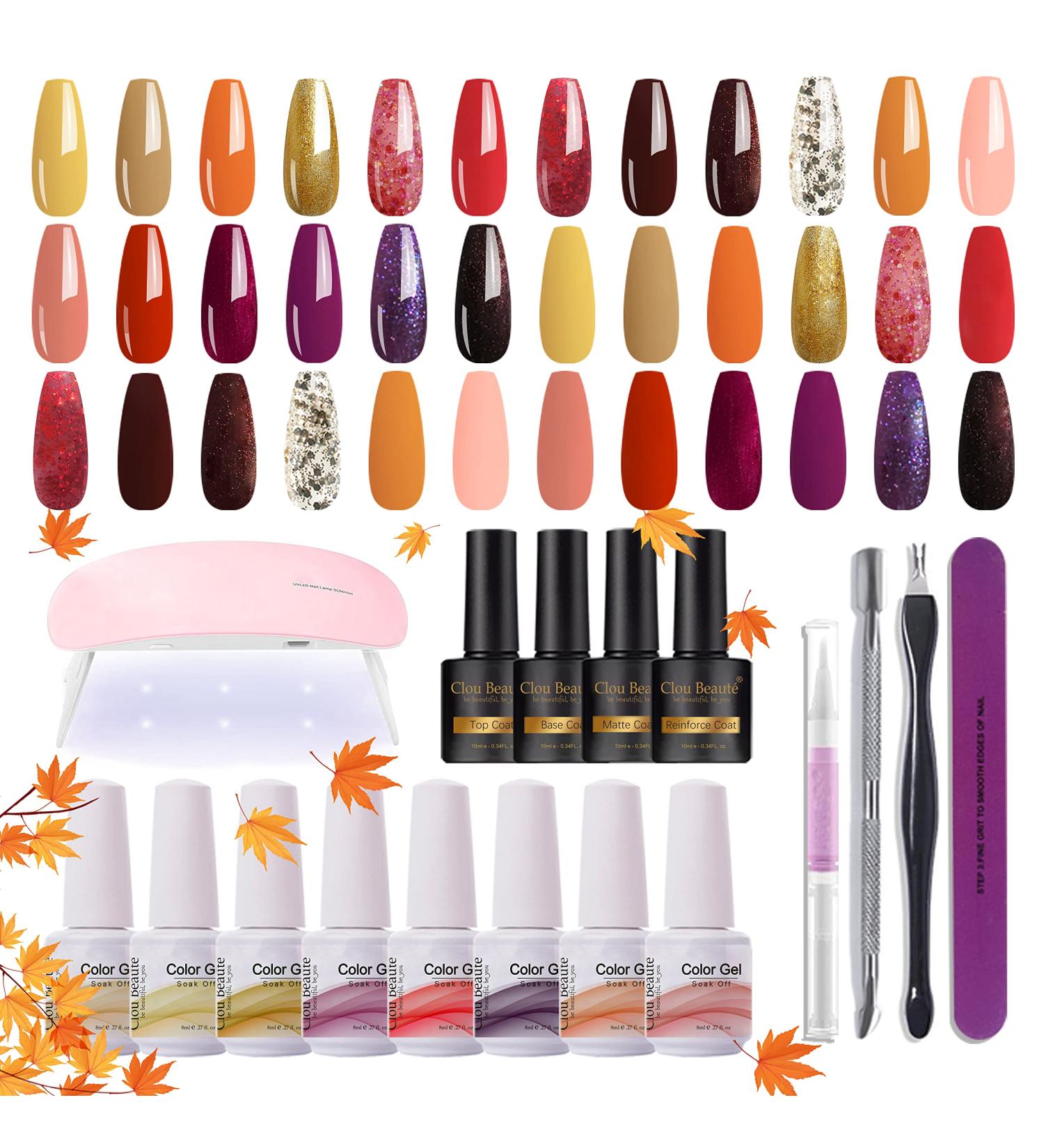 Clou Beaute Cozy Campfire Collection Gel Nail Polish Kit - 18 Fall Winter Colors | Orange Yellow Green Soak Off Polish Set with Lamp Base and Top Coat | 8ml Manicure Gift for Women - S22-07 - Buy Online on SooperMarket.com