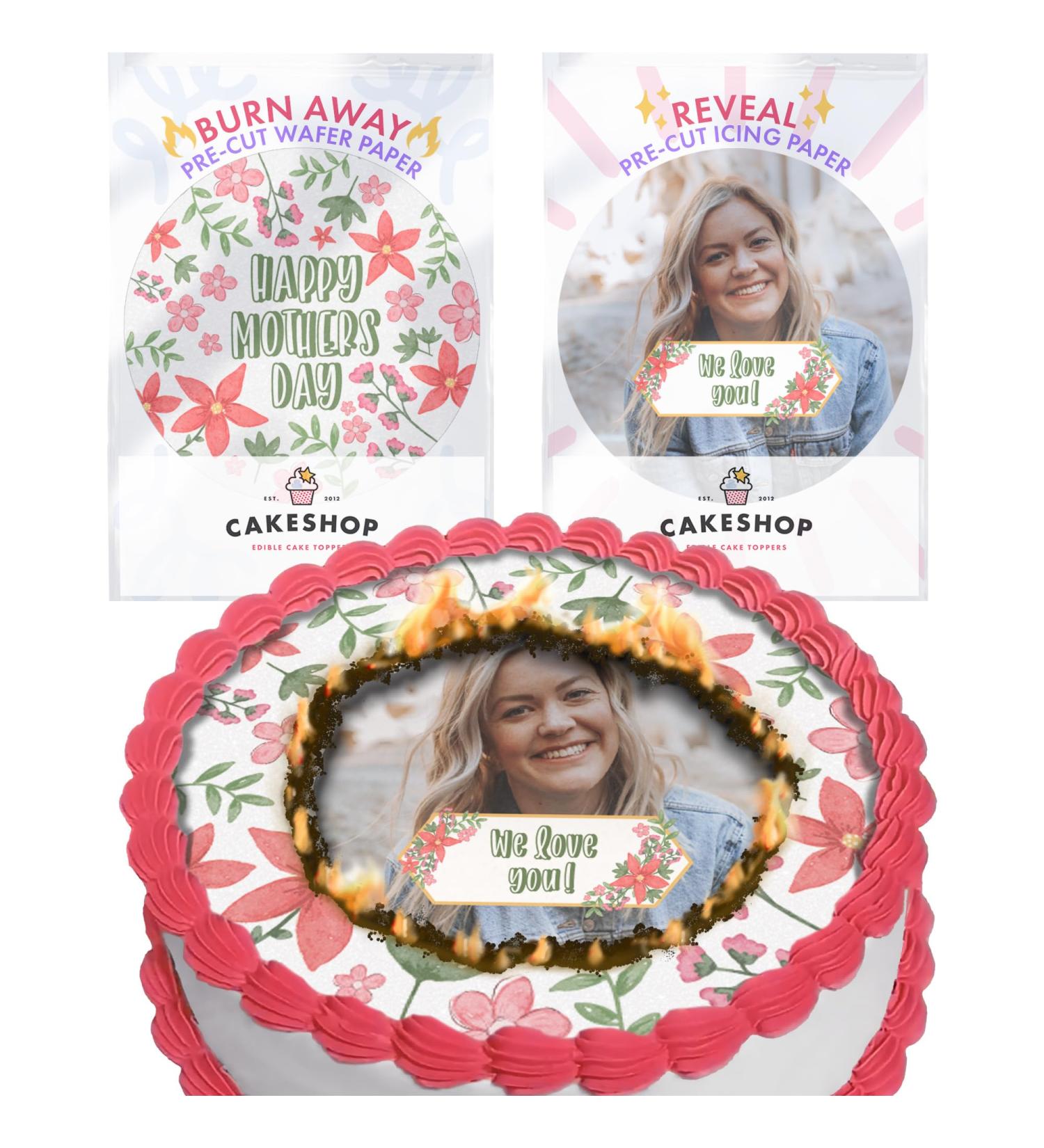 Cakeshop Mothers Day Burn Away Edible Cake Edible Topper Pack | 1 x Icing sheet & 1 x Wafer Sheet | Personalise With Your Custom Image & Text for Mothers Day | Multiple Shapes & Sizes to Choose Prime