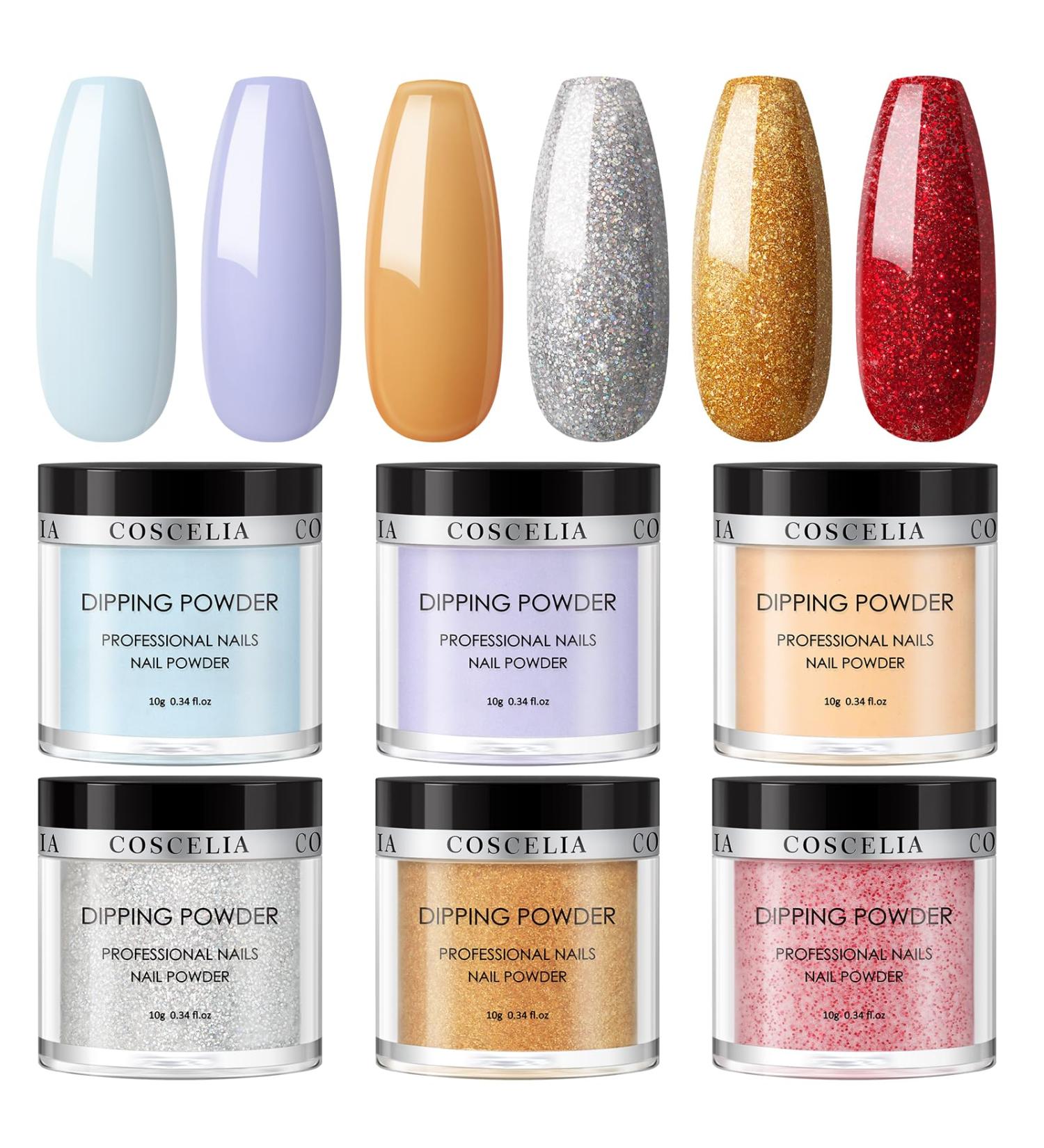 COSCELIA Dip Powder Set - 6 Premium Colors (Yellow Red Silver Gold) - 10g Each - Perfect for Professional Nail Art | Fast International Shipping - Buy Online on SooperMarket.com
