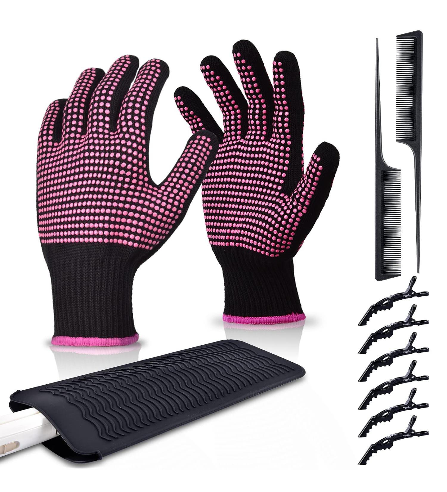 ARRITZ Professional Heat Resistant Gloves for Hair Styling - Silicone Bumps, Heat Proof Mat, 6pcs Clips, 2pcs Combs - Pink - Buy Online on SooperMarket.com
