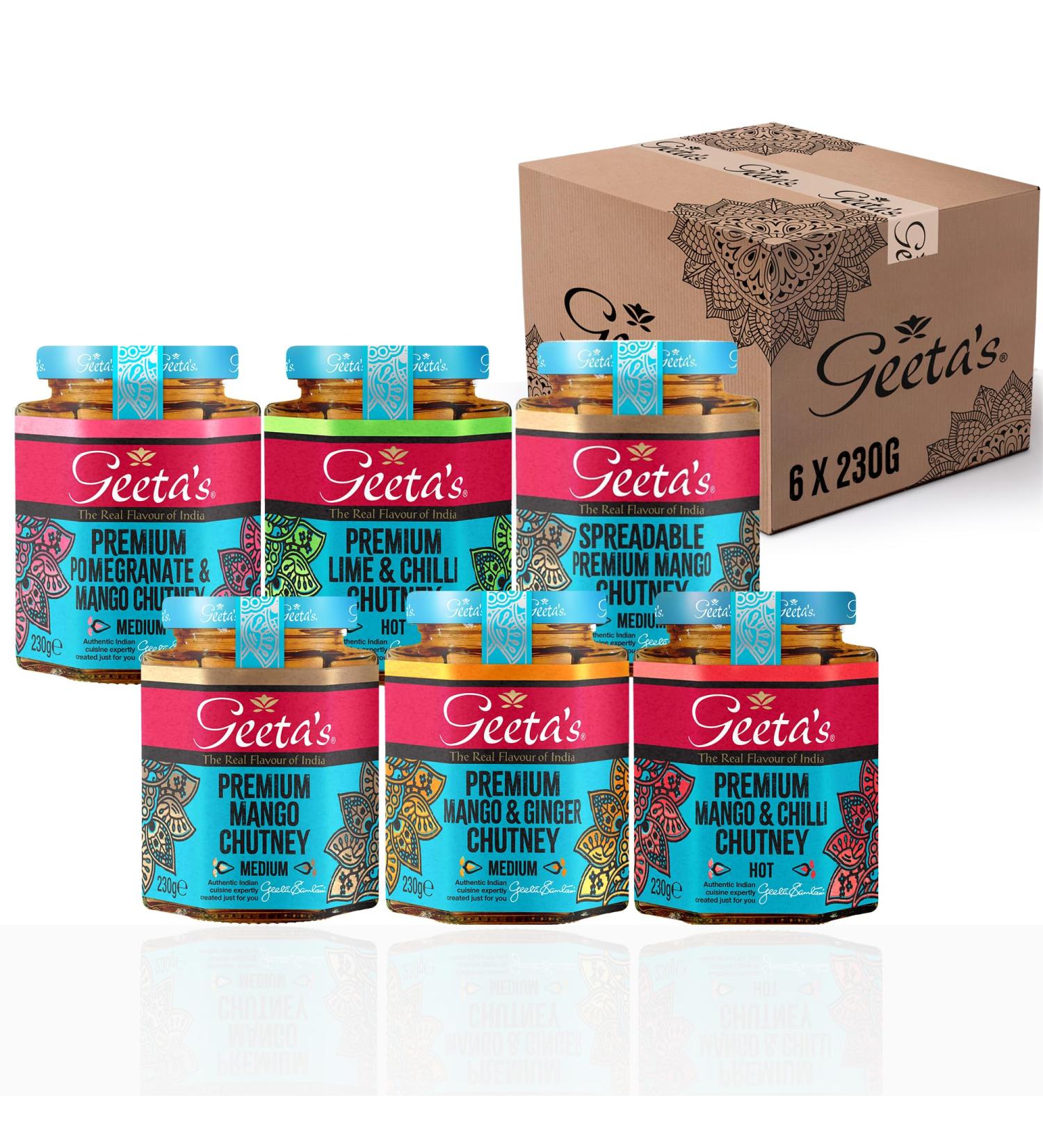 Geeta's Premium Chutney 230g Custom Case (Pack of 6) | Choose Any Flavour Receive 1 of Each Choice | Mango Chilli Lime Onion Pomegranate Ginger | No Artificial Flavours or Colours - Buy Online on SooperMarket.com