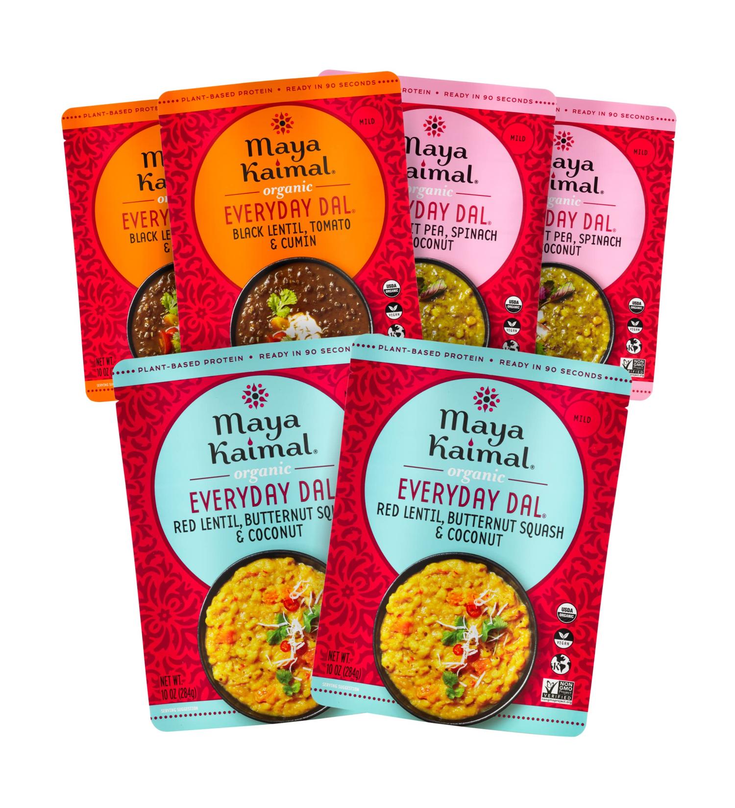 Maya Kaimal Foods - Organic Indian Everyday Dal Top Sellers Variety Pack - 2 10oz pouches of 3 favorites - Red Lentil Black Lentil and Green Split Pea - Fully Cooked Meals - Vegan - Microwavable Favorites Variety Pack 10 Ounce (Pack of 6) - Buy Online on SooperMarket.com