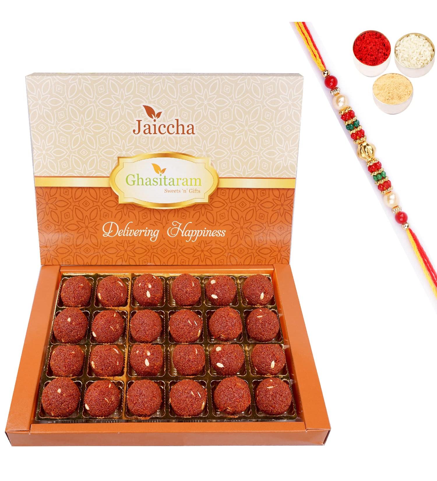 Jaiccha Ghasitaram Rakhi Gifts for Brothers Chocolate Motichoor/Boondi Laddoo 800 GMS with Beads Rakhi - Buy Online on SooperMarket.com