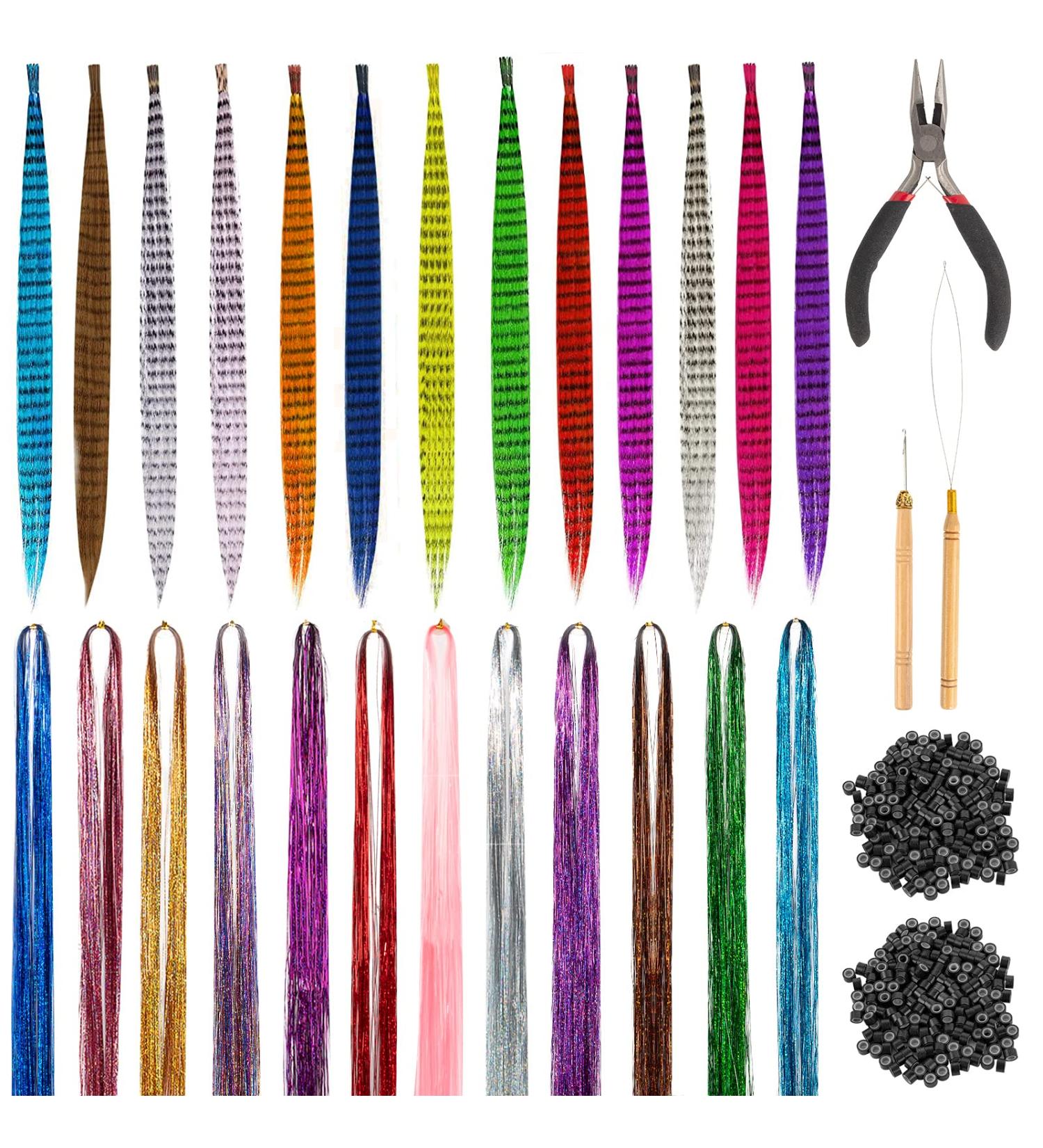 Iriisy Feather Hair Extensions & Tinsel Kit - 51 Pieces, 25 Colors - Sparkling Synthetic Hair Accesories for Christmas, Women, Cosplay - Buy Online on SooperMarket.com