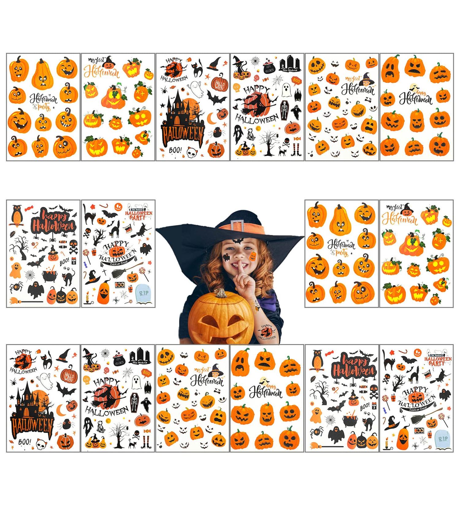 Whaline Halloween Temporary Tattoos - 270+ Waterproof Tattoo Stickers for Boy Girl Party Favors - Pumpkin Witch Ghost Bat Designs - Face Arm Body Decorations - Buy Online on SooperMarket.com