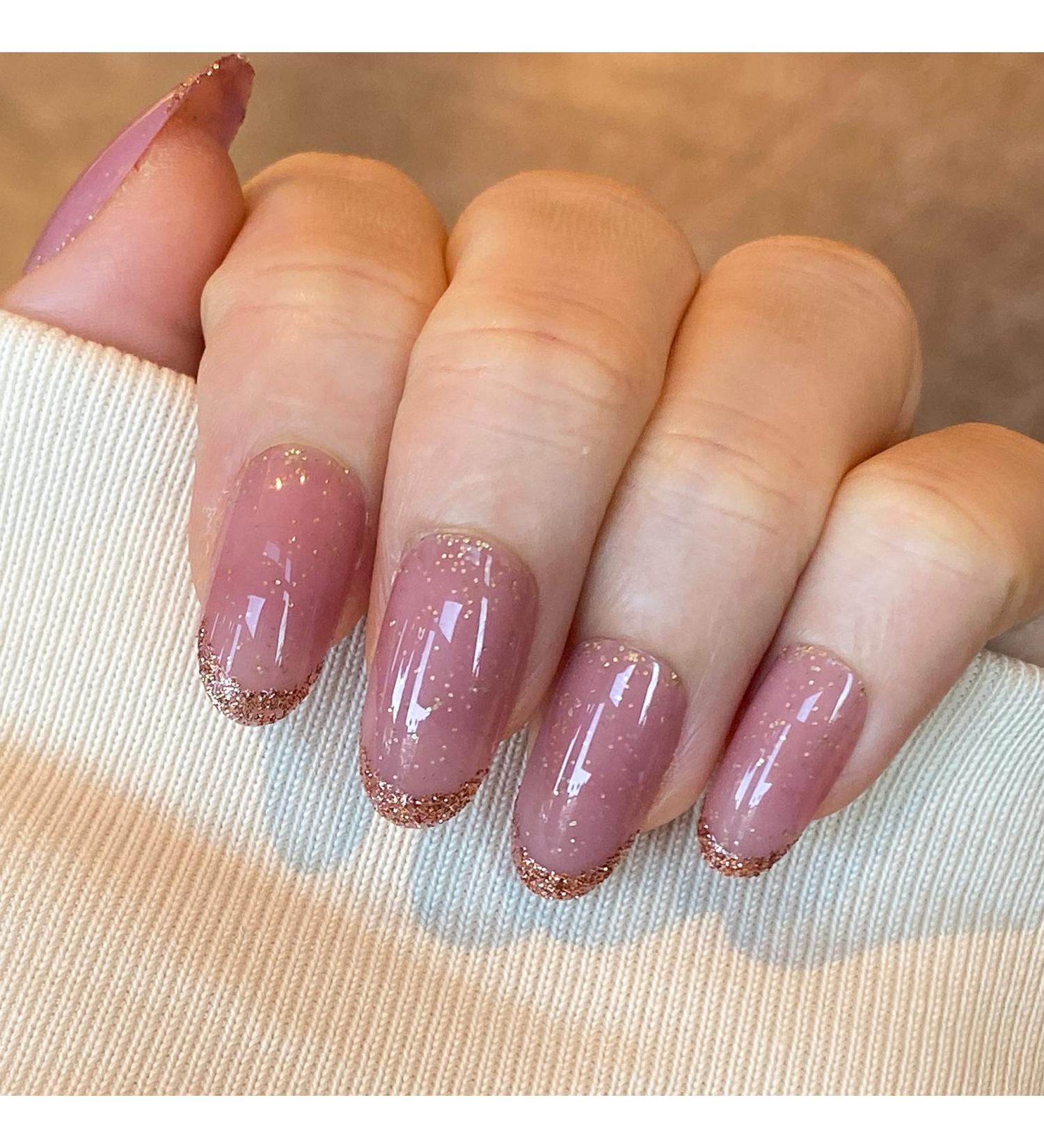 Novo Ovo Medium-Length Oval Almond Dark Pink & Gold Glitter French Tip Press-On Nails | Chrome Artificial Fingernails | Easy Sticking with Glue - Buy Online on SooperMarket.com
