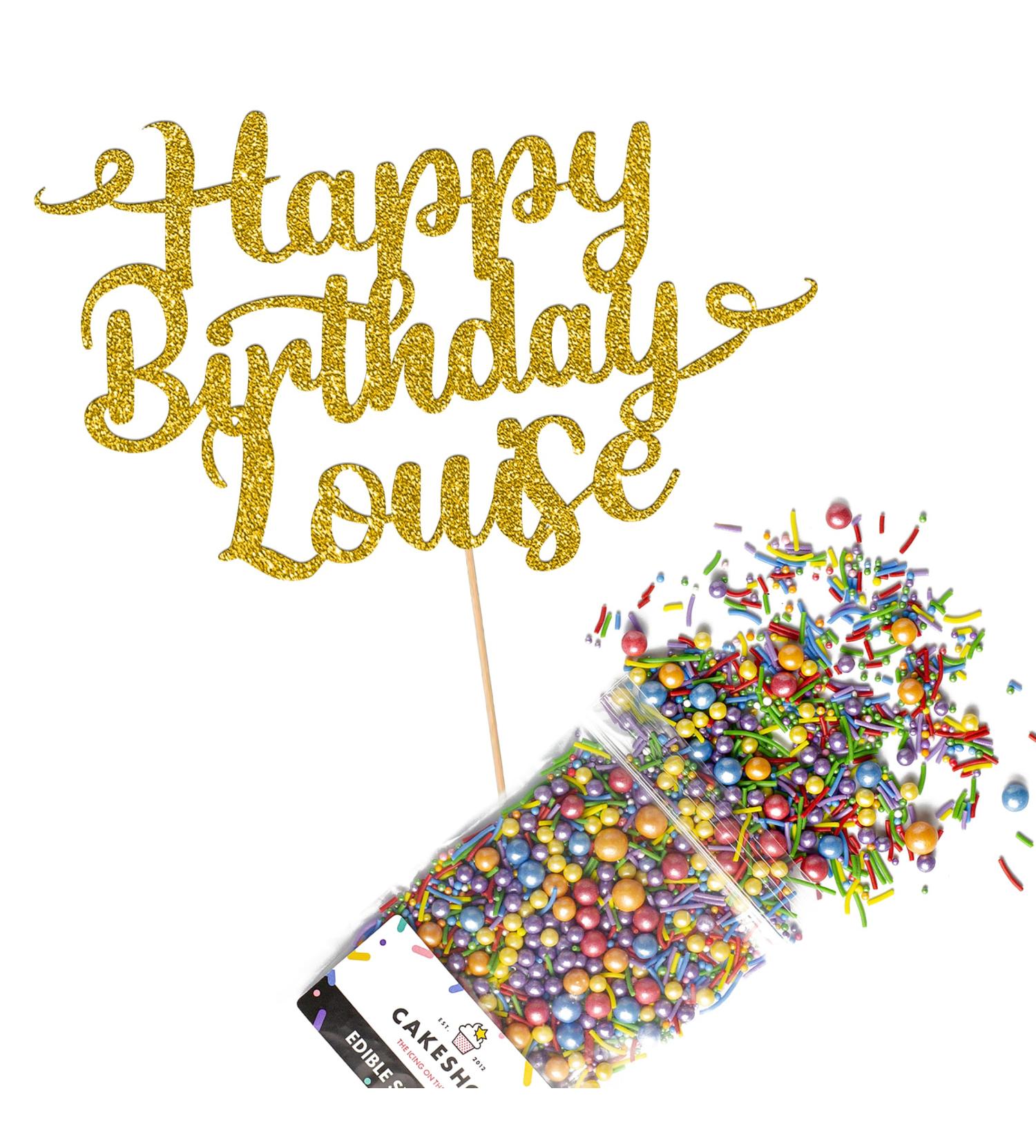Cakeshop Cake Decoration Pack | Happy Birthday Premium Double Sided Glitter Card Cake Topper Sign & 25g Party Pack of Cake Sugar Sprinkles | Custom Name Cake Decorations (Gold) Non-Prime Glitter Card: Gold - Buy Online on SooperMarket.com
