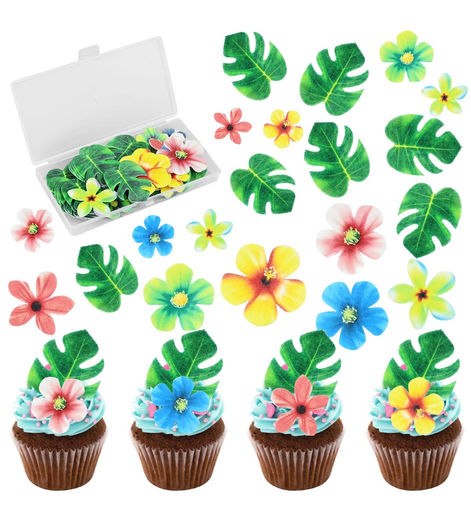 83pcs Edible Cake Decorations Include 48PcsEdible Tropical Turtle Leaves 35Pcs Edible Flowers Cupcake Toppers Wafer Paper Palm Leaf Flower for Hawaii Aloha Jungle Theme Wedding Birthday Baby Shower - Buy Online on SooperMarket.com