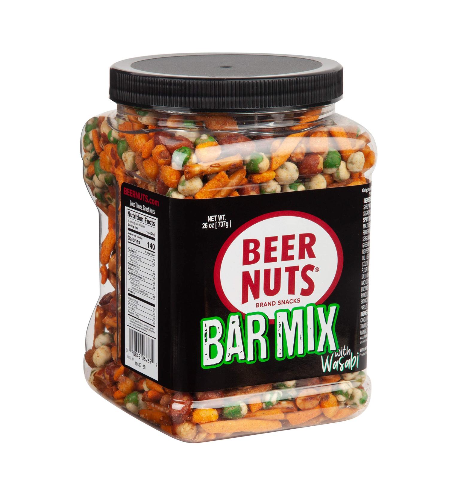 BEER NUTS Bar Mix with Wasabi - 26oz Family Size Resealable Jar: Original Roasted Peanuts, Asian Wasabi Peas, Hot & Spicy Sesame Sticks, Pretzel Niblets, Nacho Cheese Sticks, BBQ Insane Grain - Buy Online on SooperMarket.com
