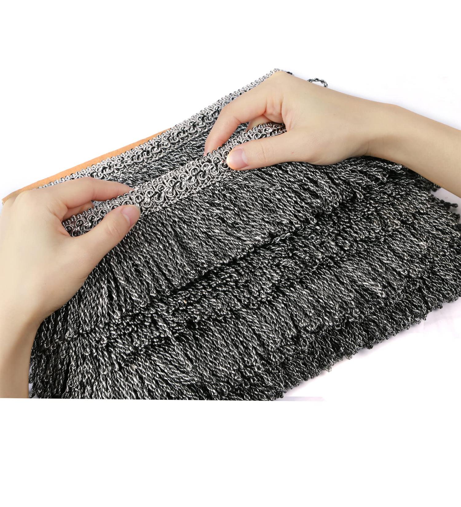 Fenghuangwu 5.5 Yard Bullion Fringe Trim - High-Density Fabric Embellishments for Sewing and DIY Decoration - Mix Silver+Black - Buy Online on SooperMarket.com