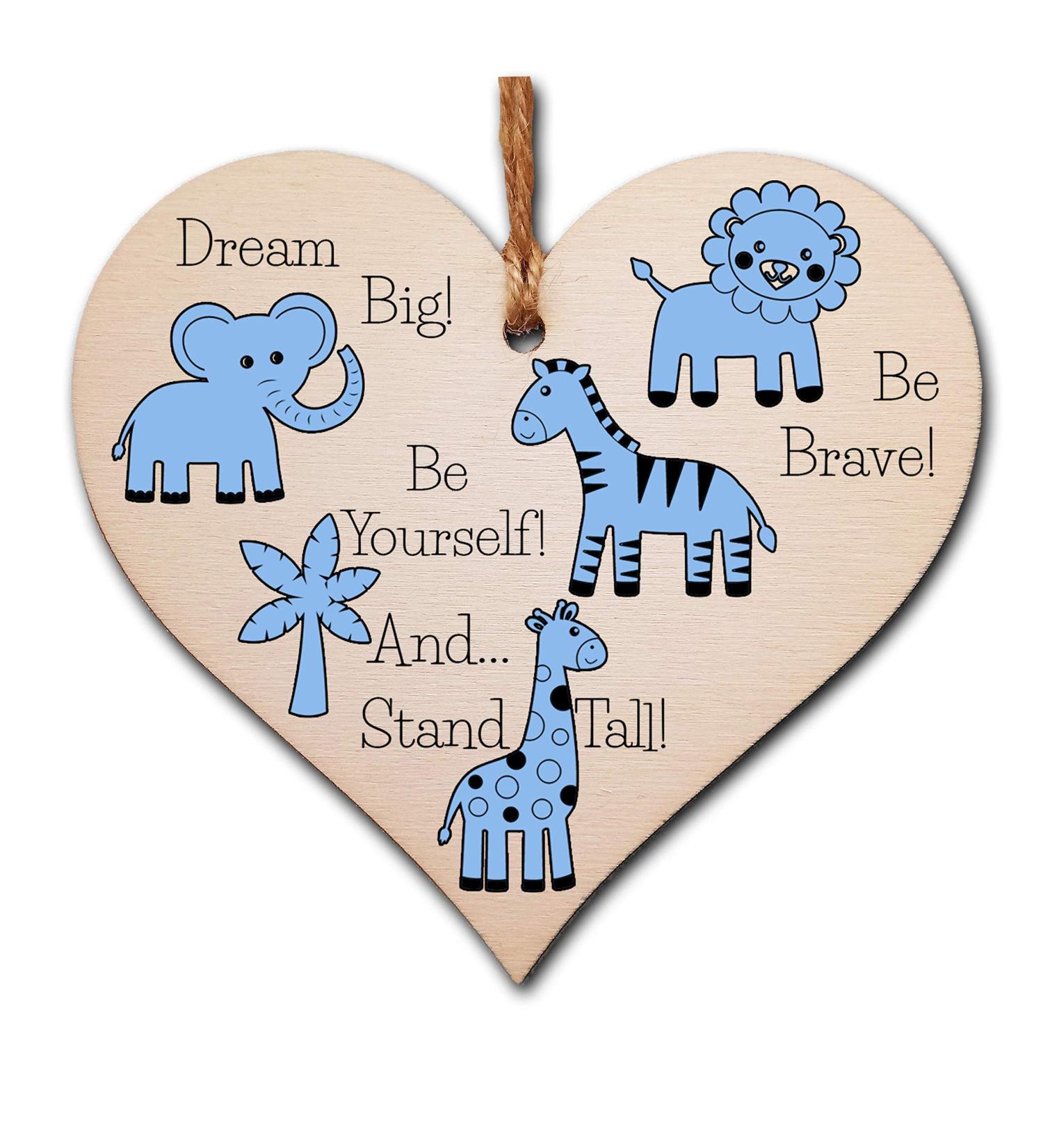 Plum Penguin Handmade Wooden Hanging Heart Plaque - Be Brave, Dream Big, Be Yourself | Blue Safari Animals Nursery Wall Decoration - Ideal New Baby Gift - Buy Online on SooperMarket.com