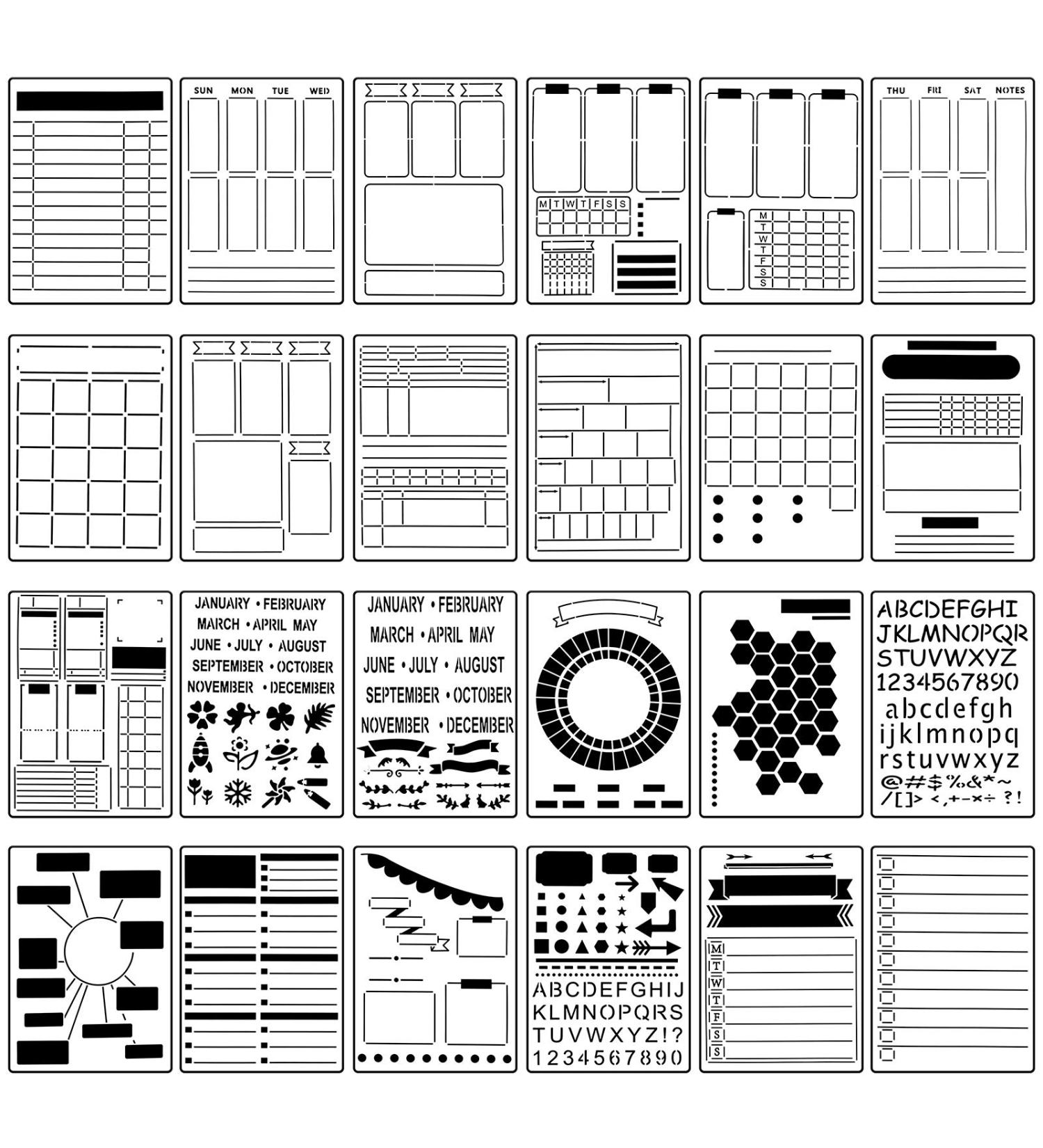 24 Piece Plastic Journal Stencil Set - Ultimate Productivity DIY Templates for A5 Journal - Classic Style - Buy Online on SooperMarket.com