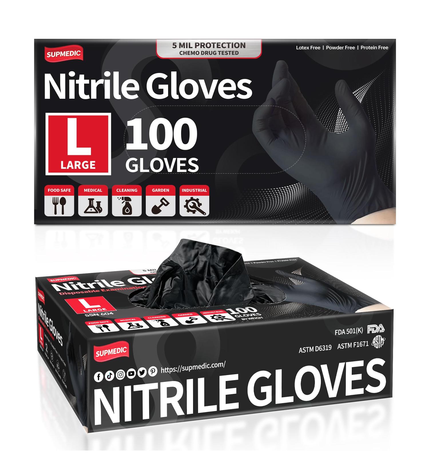 Supmedic Black Nitrile Exam Gloves 5 mil Powder-Free Latex-Free Box of 100 pcs - Large Size - Buy Online on SooperMarket.com