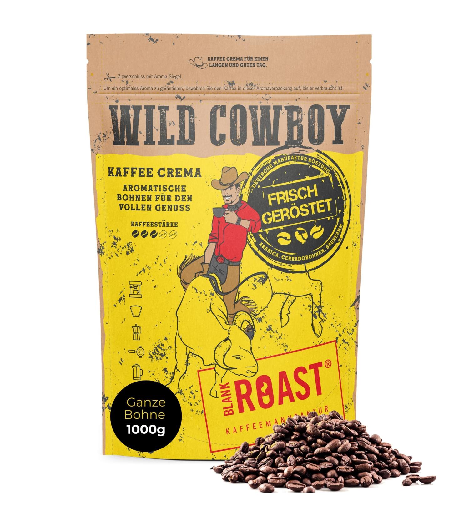 Buy Blank Roast Wild Cowboy Crema - 100% Arabica Whole Coffee Beans - Hickory Wood Roasted - Low Acid - 1kg Pack - International Shipping - Buy Online on SooperMarket.com