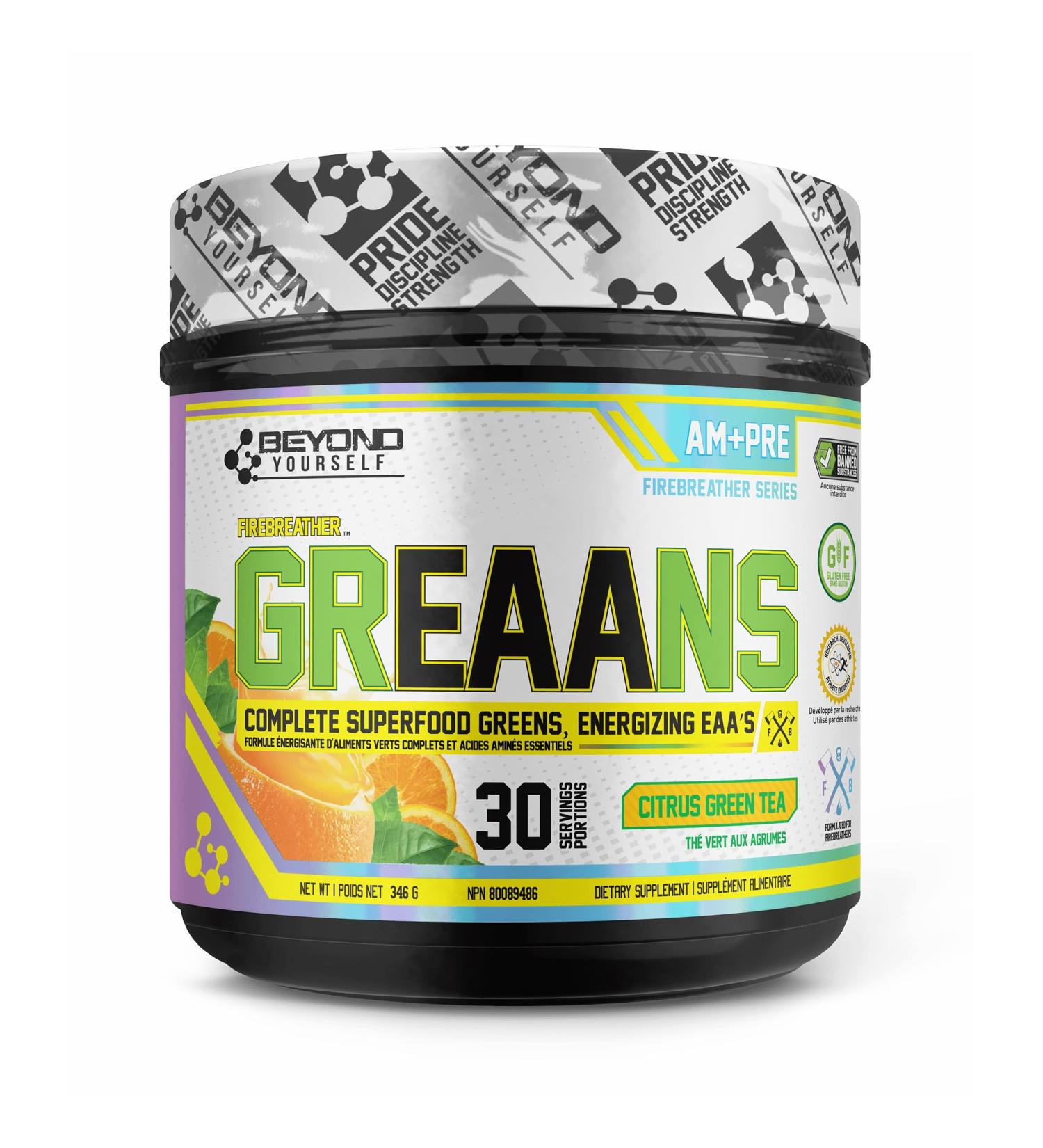 Beyond Yourself - GrEAAns Superfood Greens and EAA Blend | 4000mg Organic Superfood 2625mg Vegan EAAs | Sugar-Free Zero Calories No Synthetic Additives | Optimizes Health Performance and Recovery | Citrus Green Tea - Buy Online on SooperMarket.com