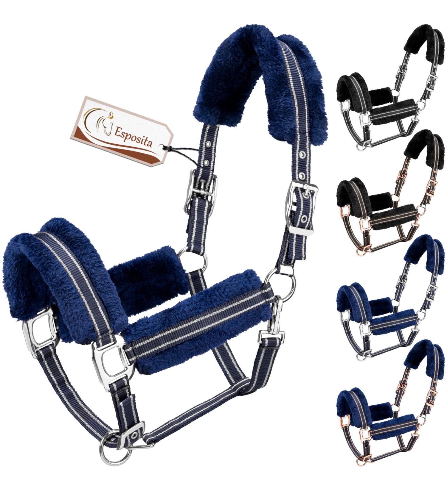 Esposita Champion Edition Halfter - Soft Throw with Synthetic Fur for Shetty - Navy/Silver Fleuf Halfer & Stallhalter - Buy Online on SooperMarket.com