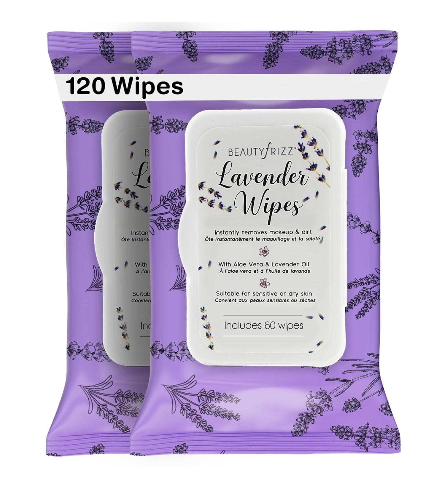BeautyFrizz Lavender Face Cleansing Wipes - 120 pcs - Gentle Makeup Remover with Aloe, Retinol, Castor & Vitamin E - Refreshing Facial Wipes for Face & Neck - Buy Online on SooperMarket.com