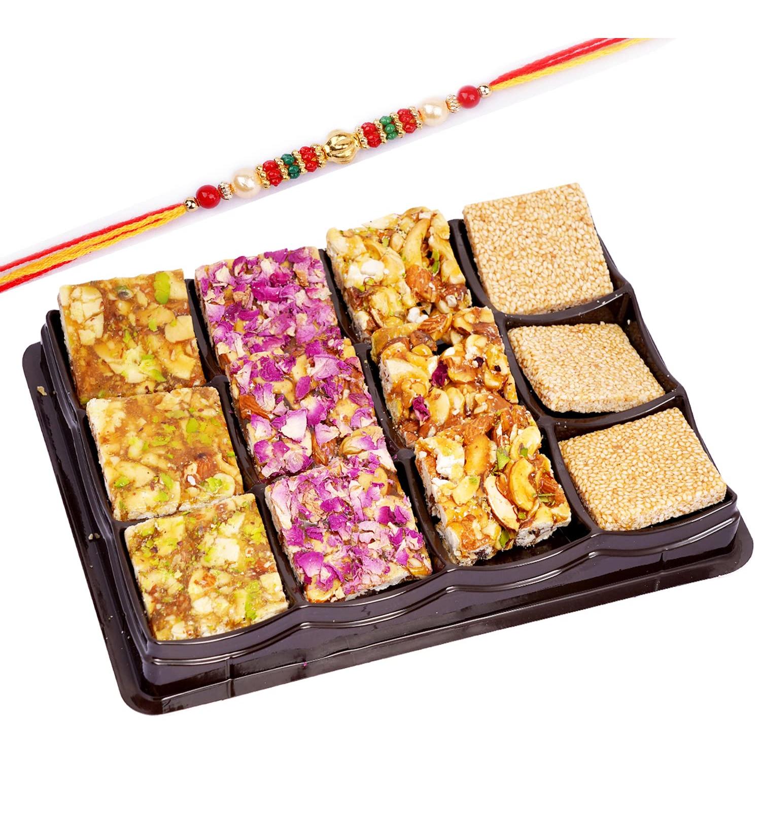 Ghasitaram Gifts Rakhi Gifts for Brothers Assorted Chikki Lid Box with Pearl Beads Rakhi - Buy Online on SooperMarket.com