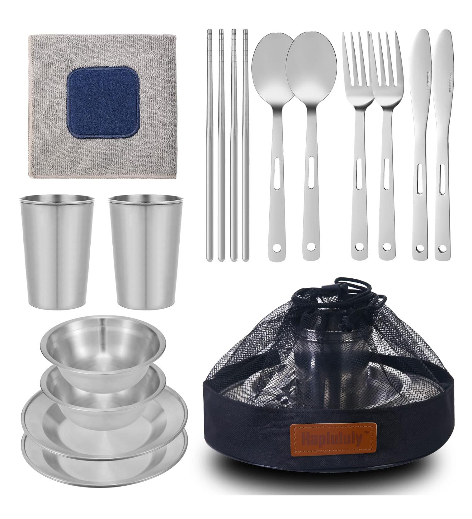 Stainless Steel Camping Utensils & Dishes Set - Tableware, Dinnerware for 2 | Cups, Plates, Bowls, Cutlery | Mesh Bags Included | Ideal for Camping - Buy Online on SooperMarket.com