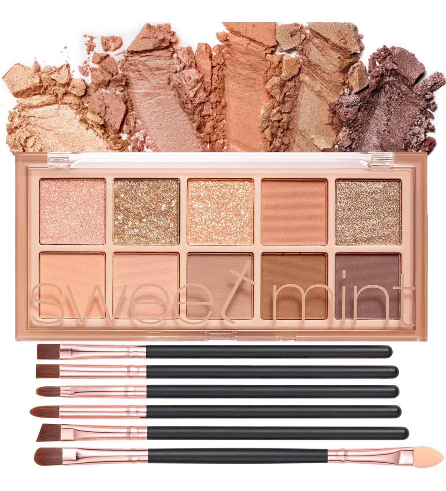 10 Colors Eyeshadow Palette with 6 Brushes - Matte, Shimmer, Glitter Eye Makeup Set - Long Lasting, High Pigment Formula for Natural Look - Buy Online on SooperMarket.com